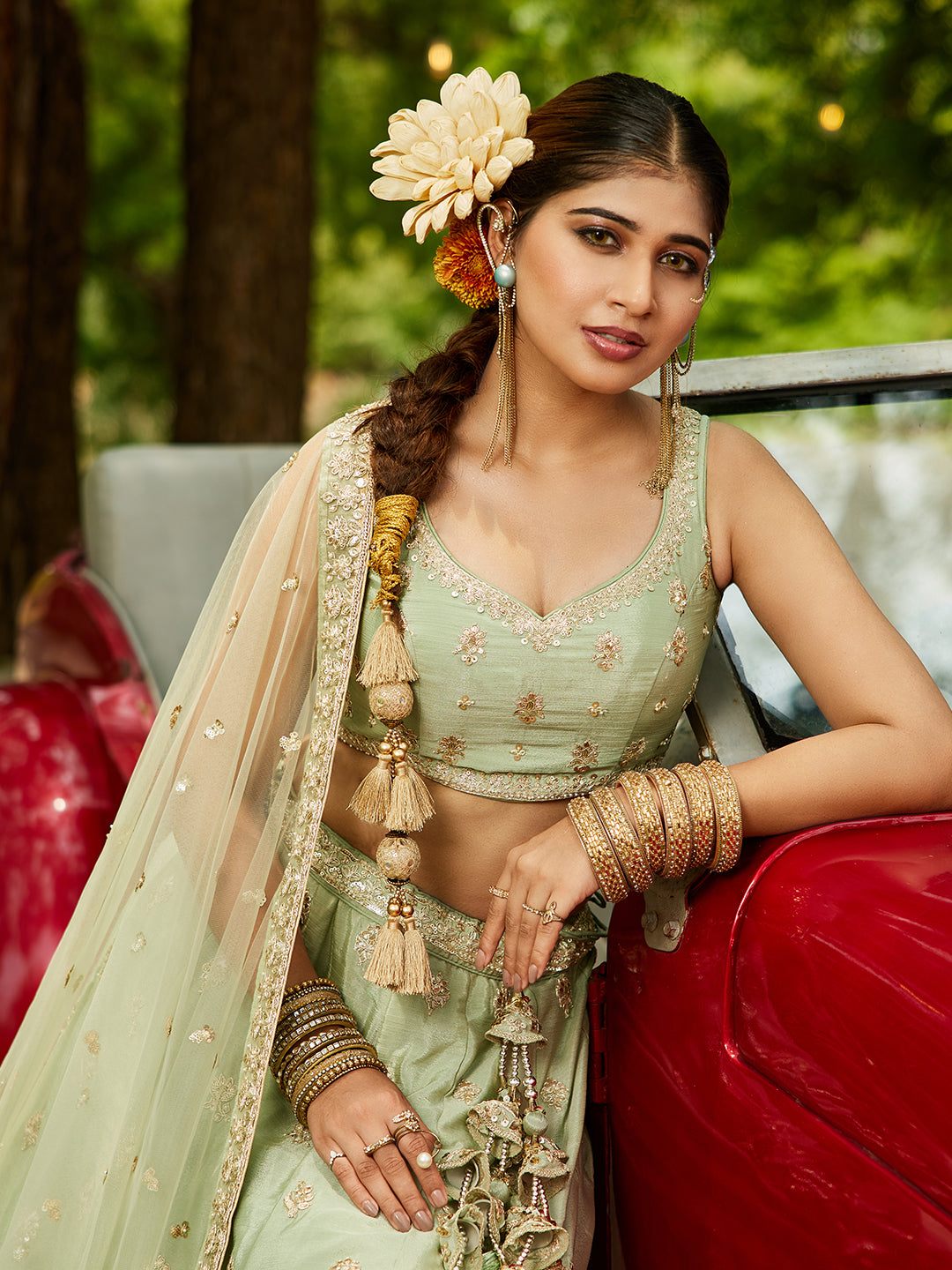 Limegreen - Chinnon Sequinse embroidery Semi-Stitched Lehenga choli & Dupatta - qivii