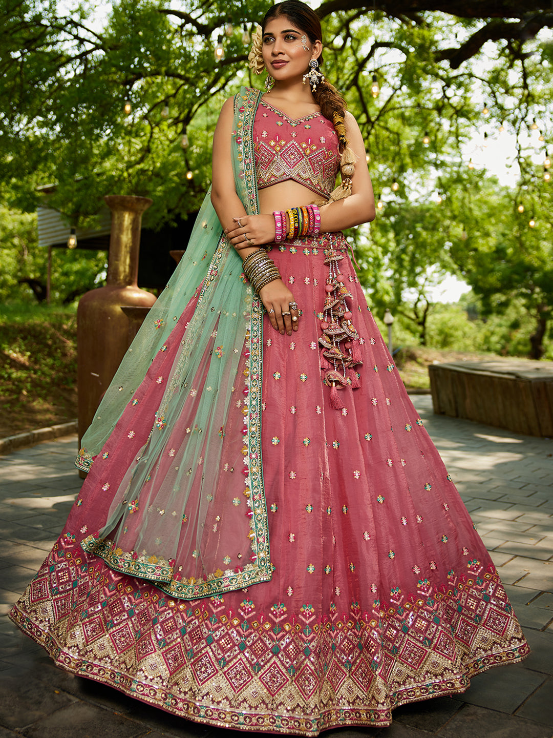 Pink - Tissue Sequinse embroidery Semi-Stitched Lehenga choli & Dupatta