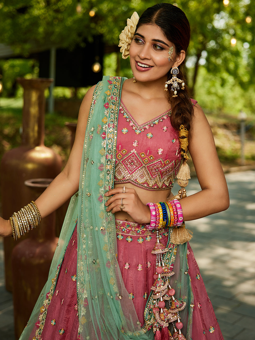 Pink - Tissue Sequinse embroidery Lehenga choli & Dupatta