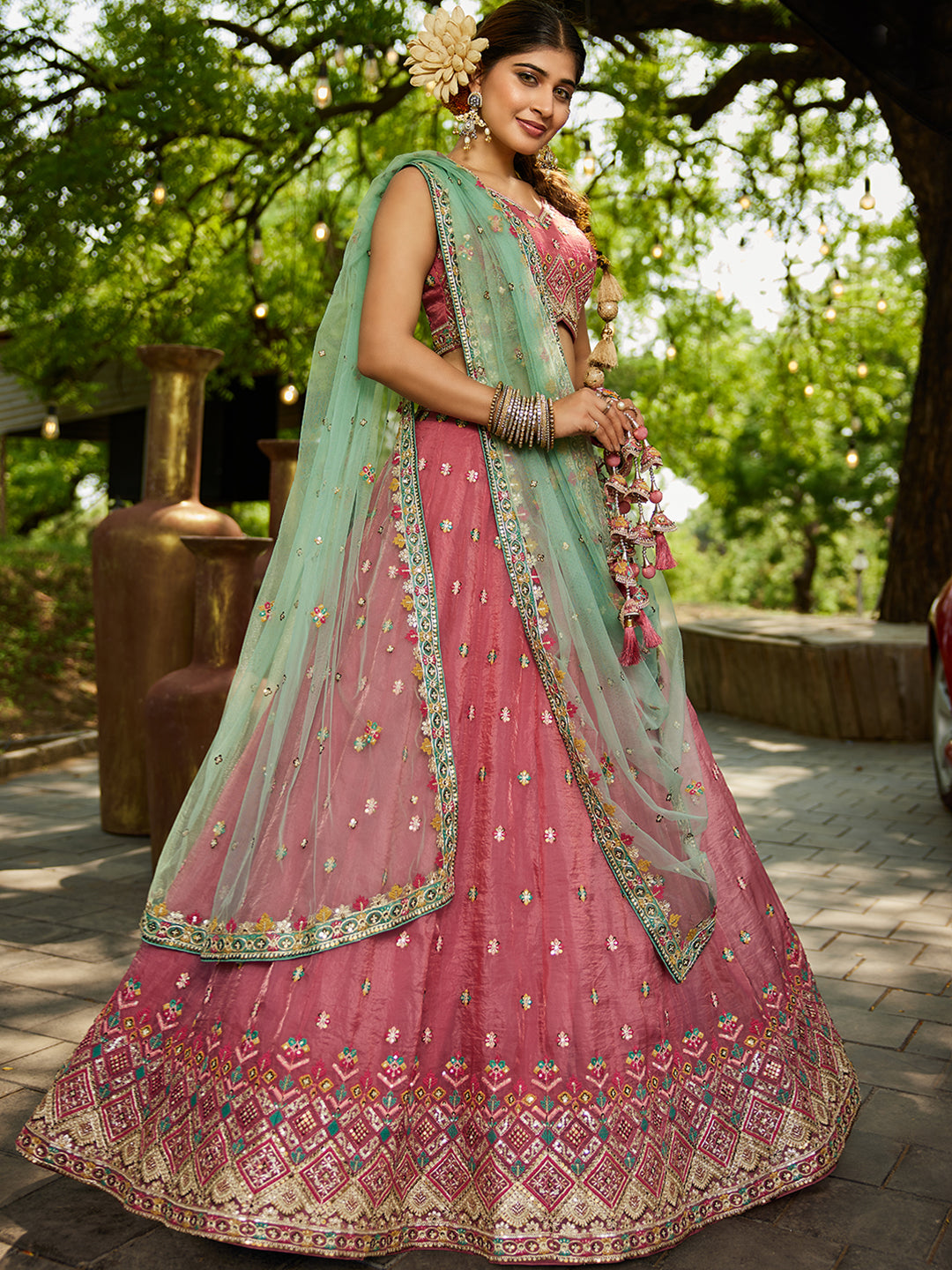 Pink - Tissue Sequinse embroidery Lehenga choli & Dupatta