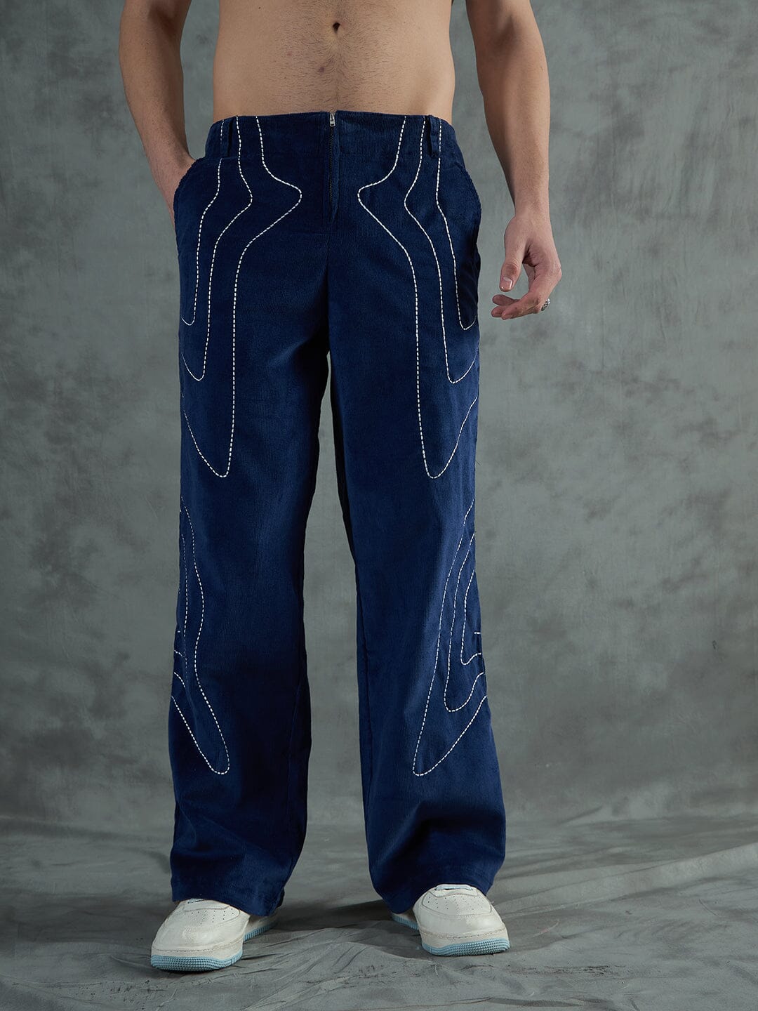Navy Wavy Embroiedery Baggy Corduroy Trousers