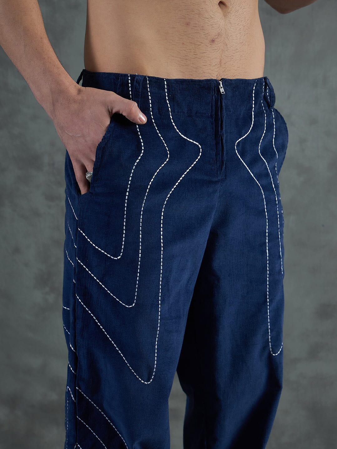 Navy Wavy Embroiedery Baggy Corduroy Trousers