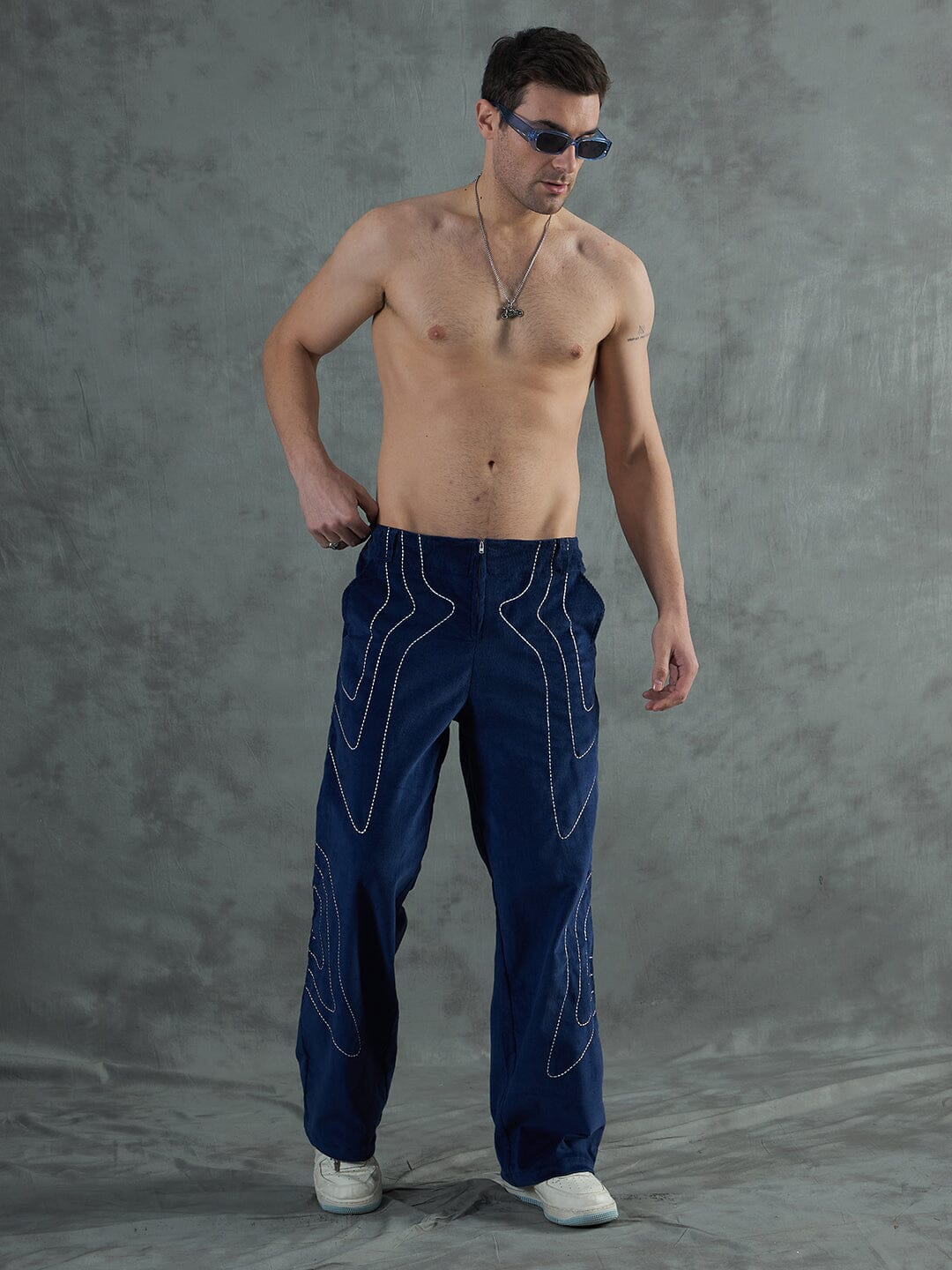 Navy Wavy Embroiedery Baggy Corduroy Trousers