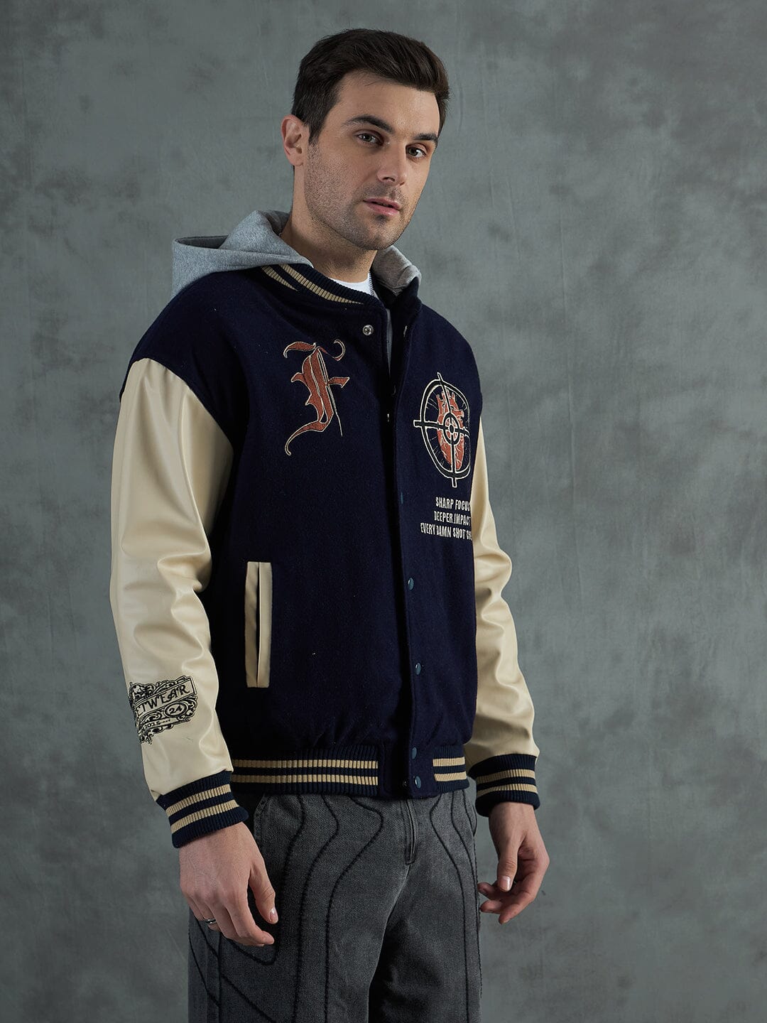 Navy Cupid Sniper Hooded Varsity Jacket