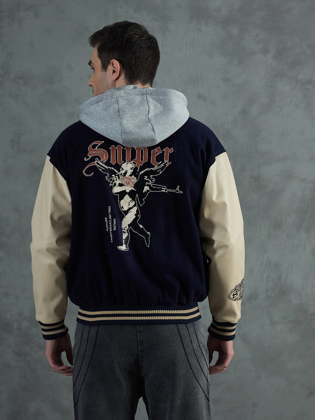 Navy Cupid Sniper Hooded Varsity Jacket