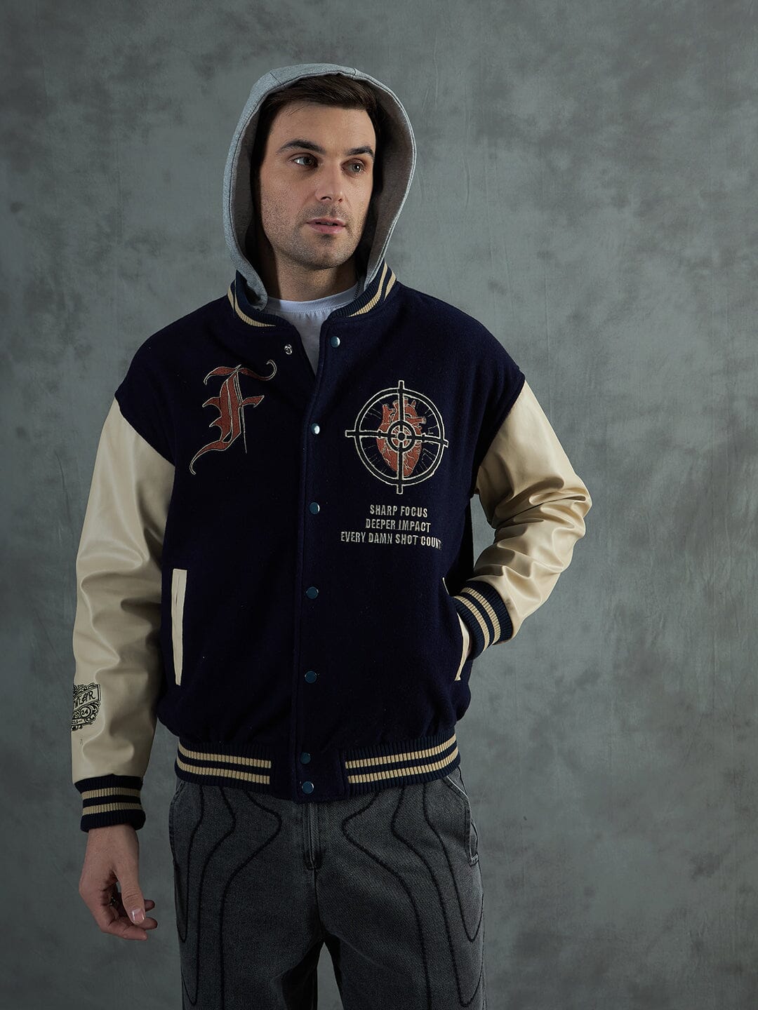 Navy Cupid Sniper Hooded Varsity Jacket