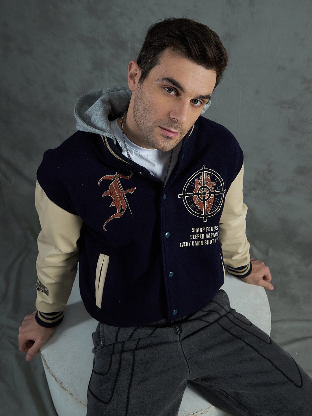 Navy Cupid Sniper Hooded Varsity Jacket