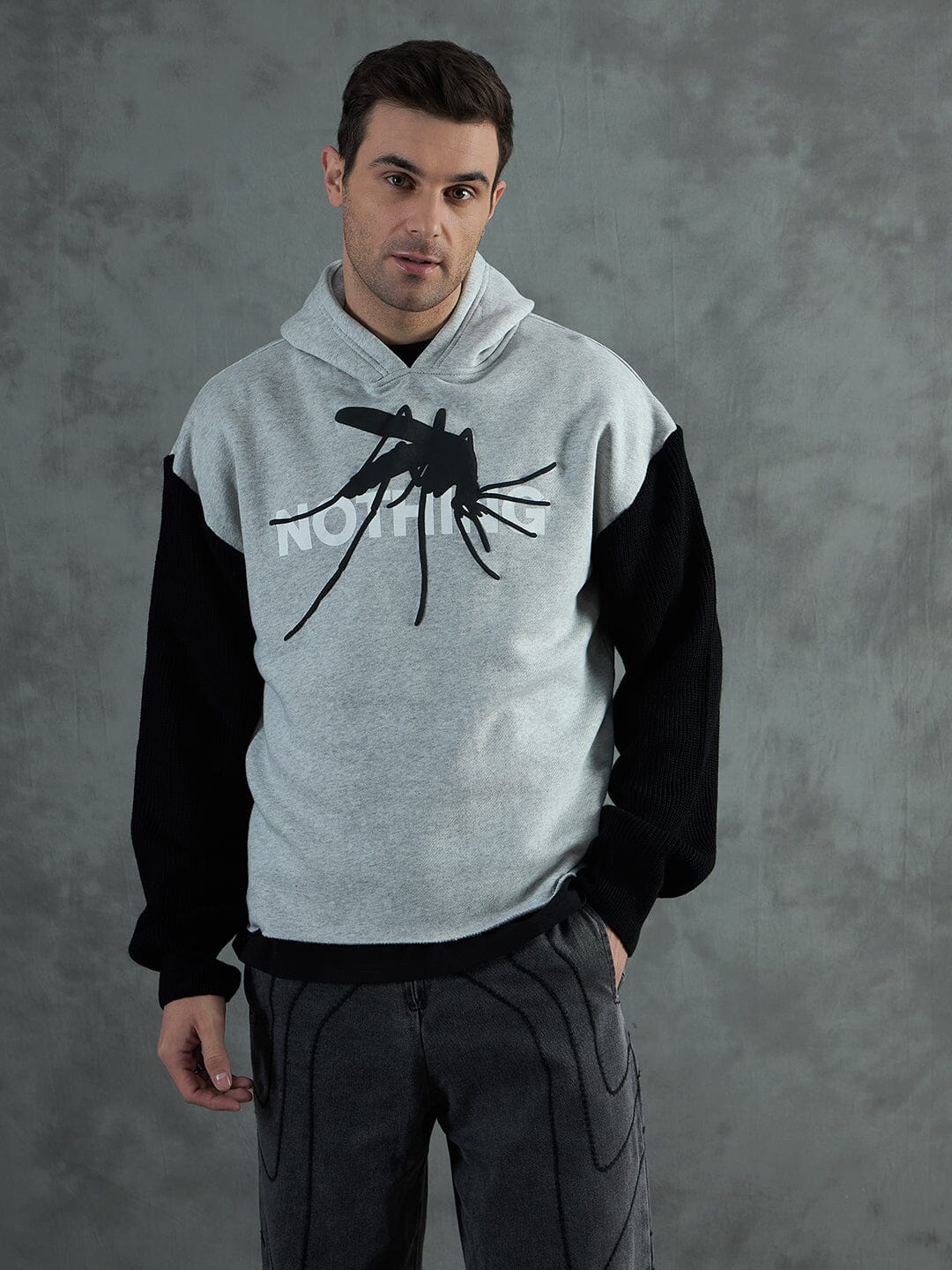 Grey Cropped Hoodie With Contrast Sleeves