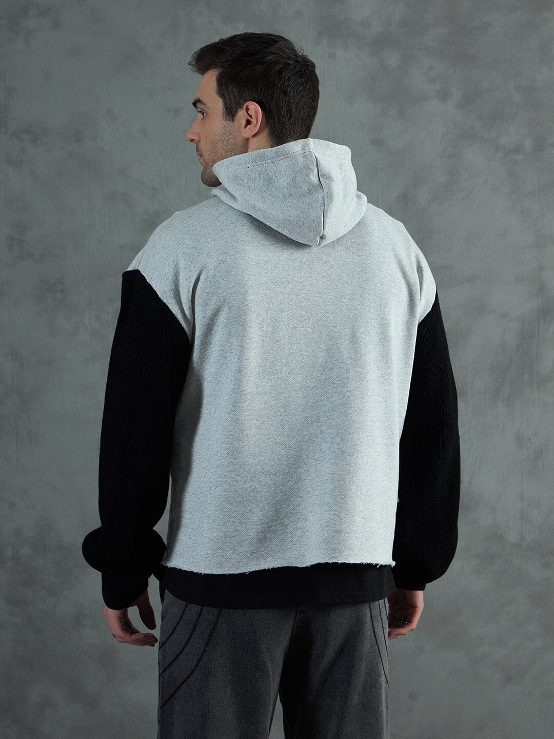 Grey Cropped Hoodie With Contrast Sleeves