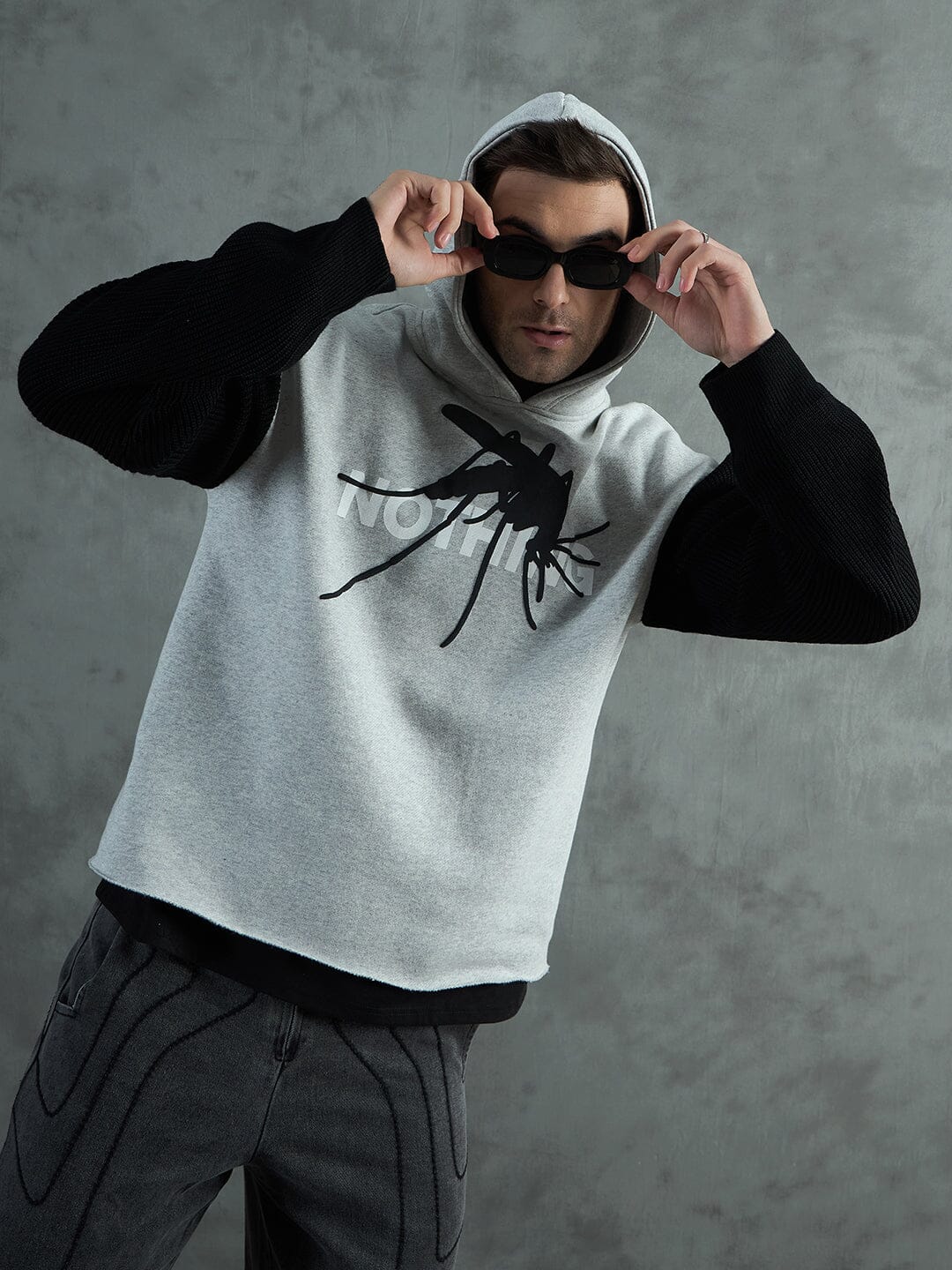 Grey Cropped Hoodie With Contrast Sleeves