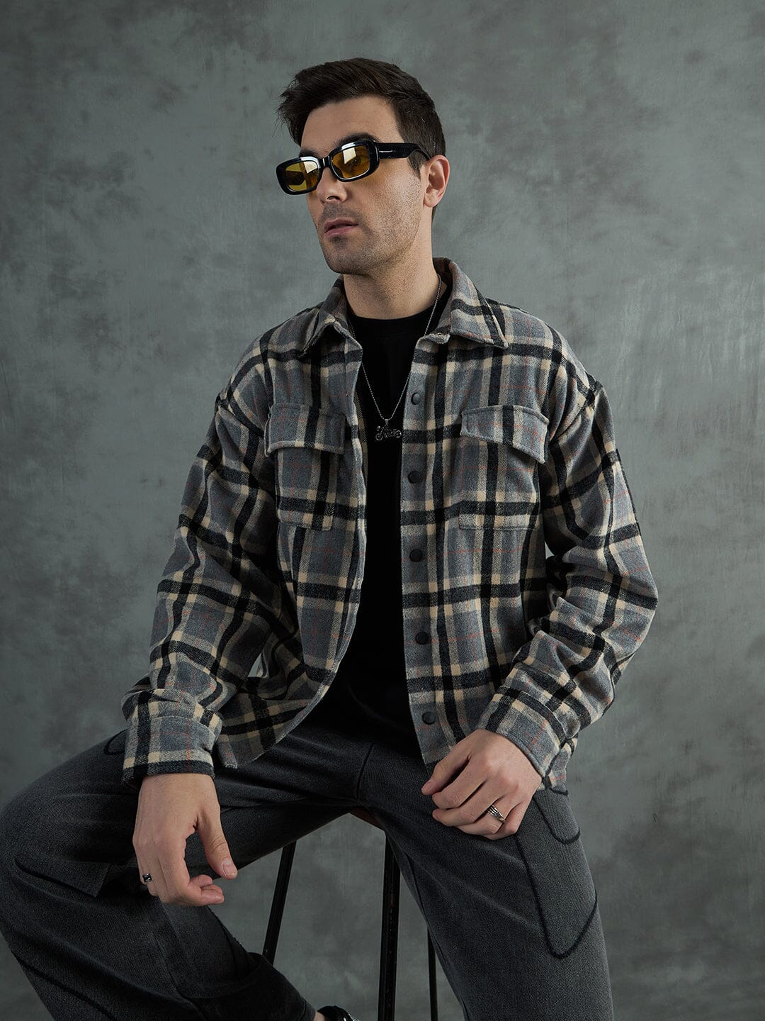 Grey Plaid Woollen OverShirt - qivii