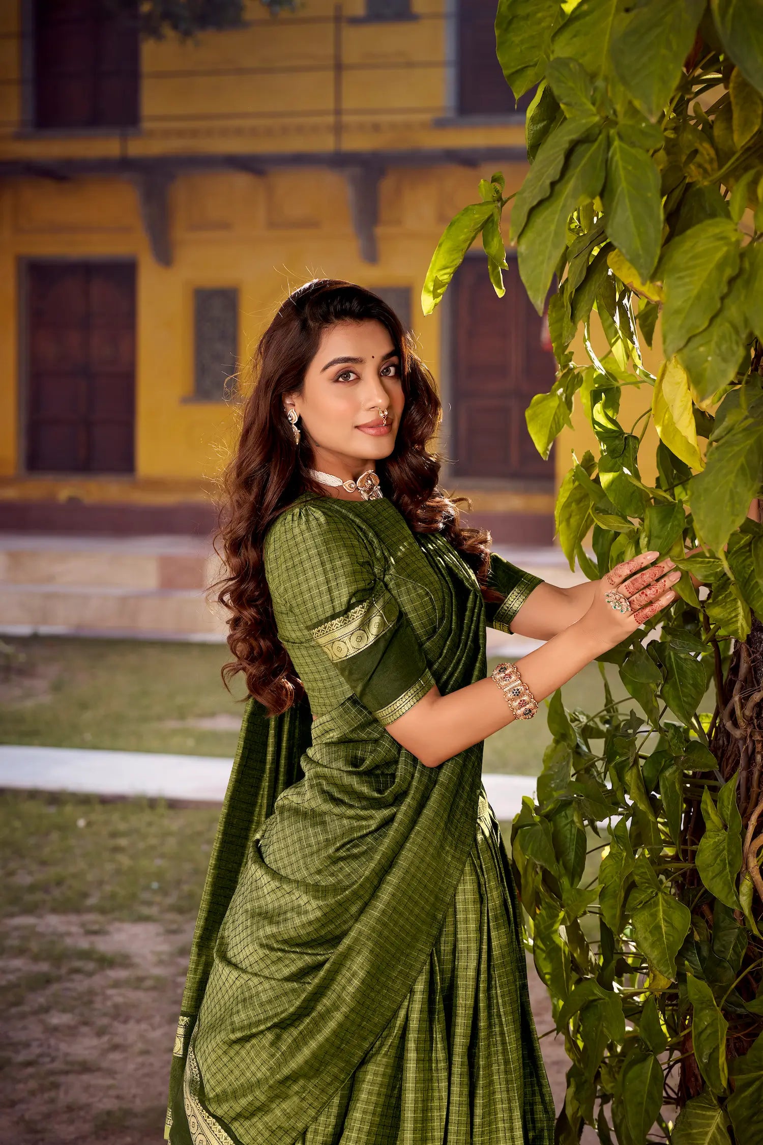 Olive Green Zari Weaving Cotton Lehenga choli