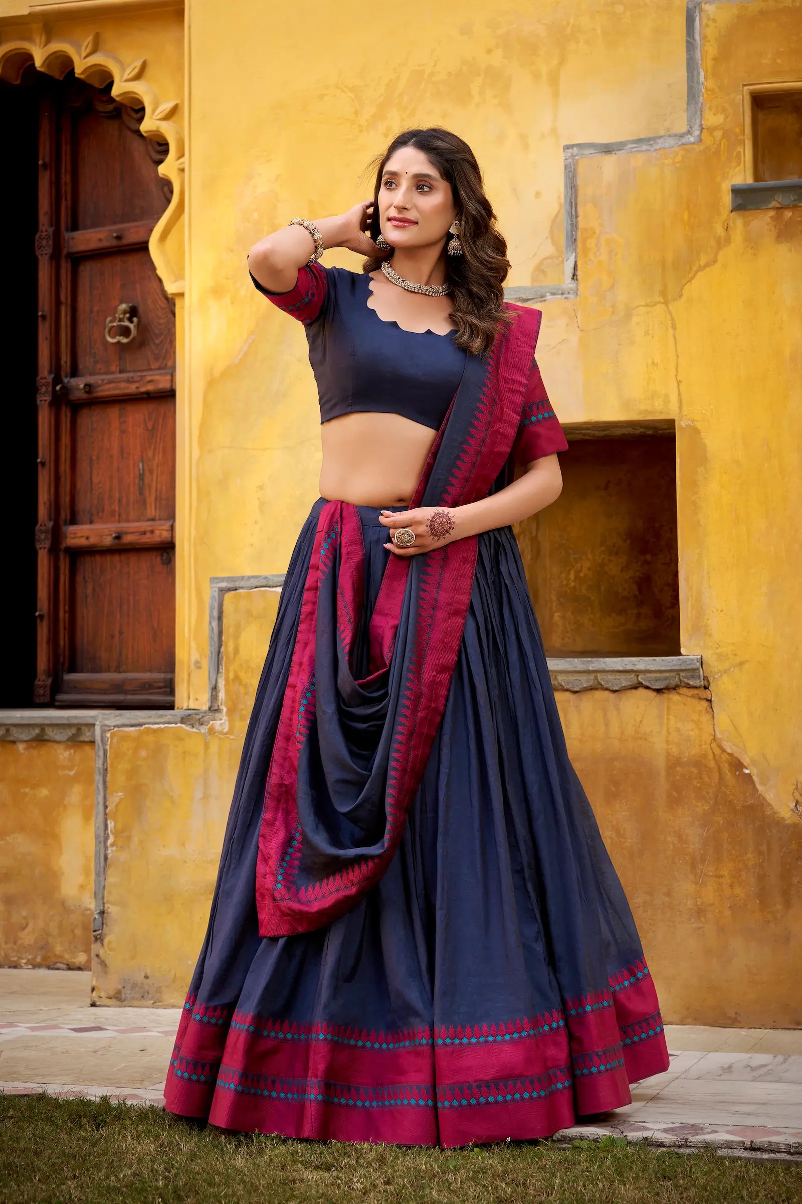Black Chanderi Thread Work Lehenga Choli