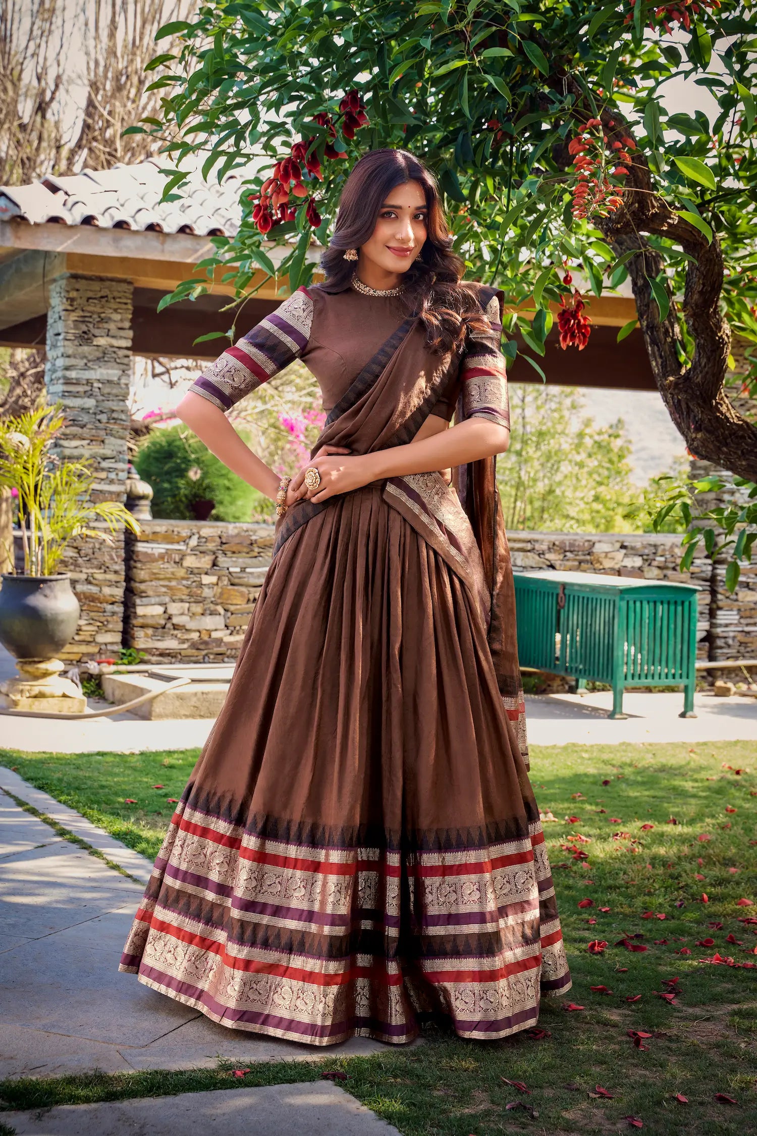 Brown Chanderi Lehenga Choli With Zari Weaving Work - qivii