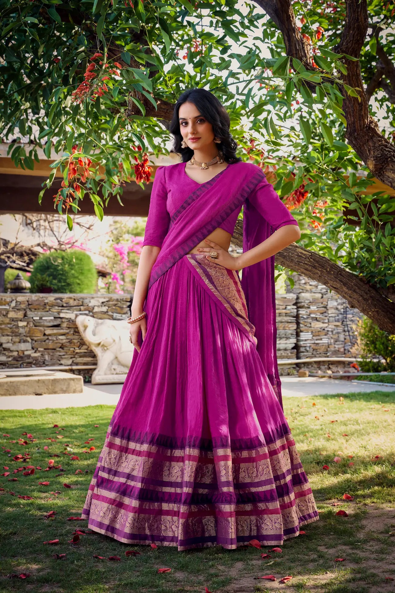 Pink Chanderi Lehenga Choli With Zari Weaving Work - qivii