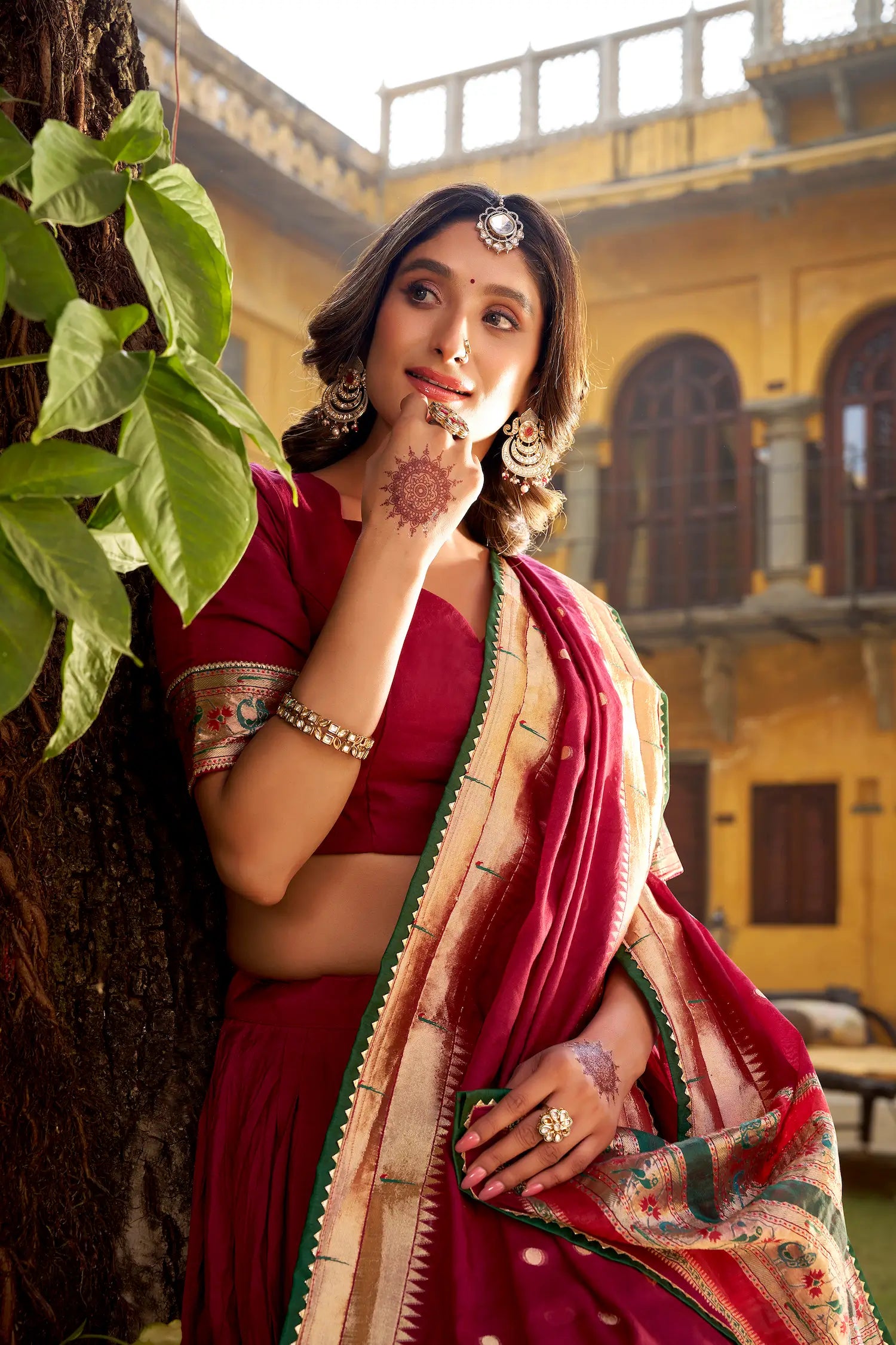 Glossy Maroon Chanderi Zari Weaving Lehenga choli