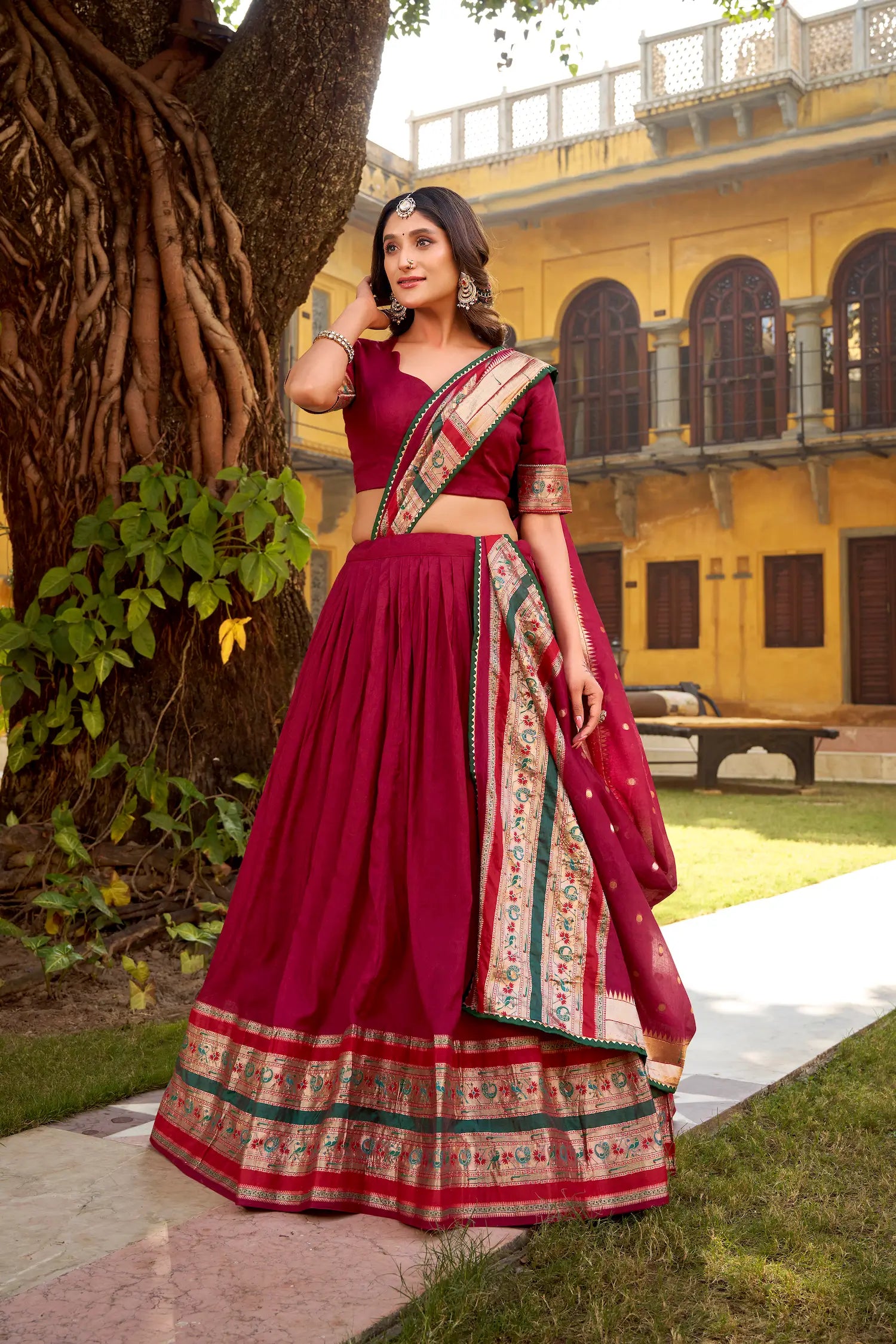 Glossy Maroon Chanderi Zari Weaving Lehenga choli