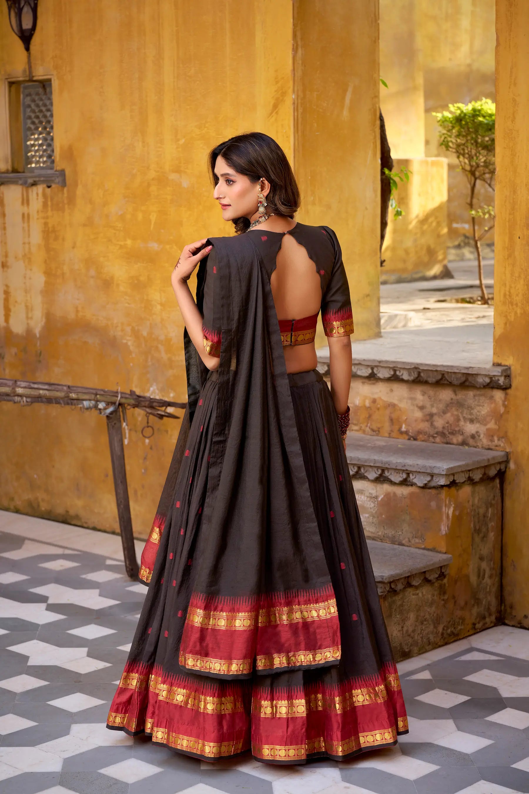 Ebony Black Chanderi Zari Weaving Lehenga Choli