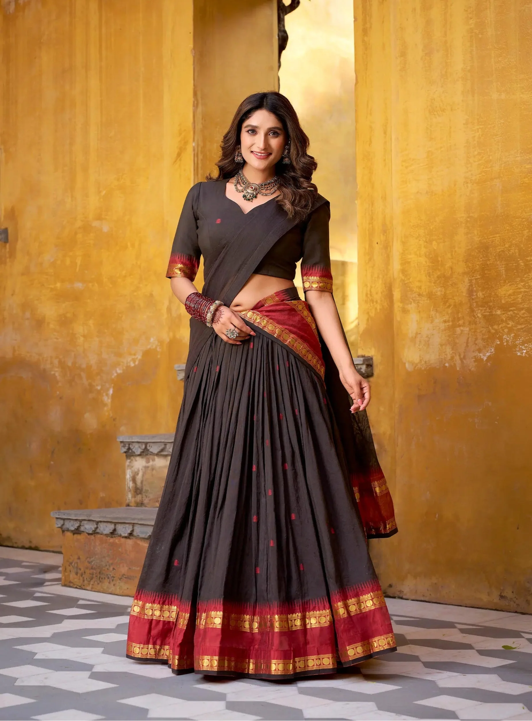 Ebony Black Chanderi Zari Weaving Lehenga Choli