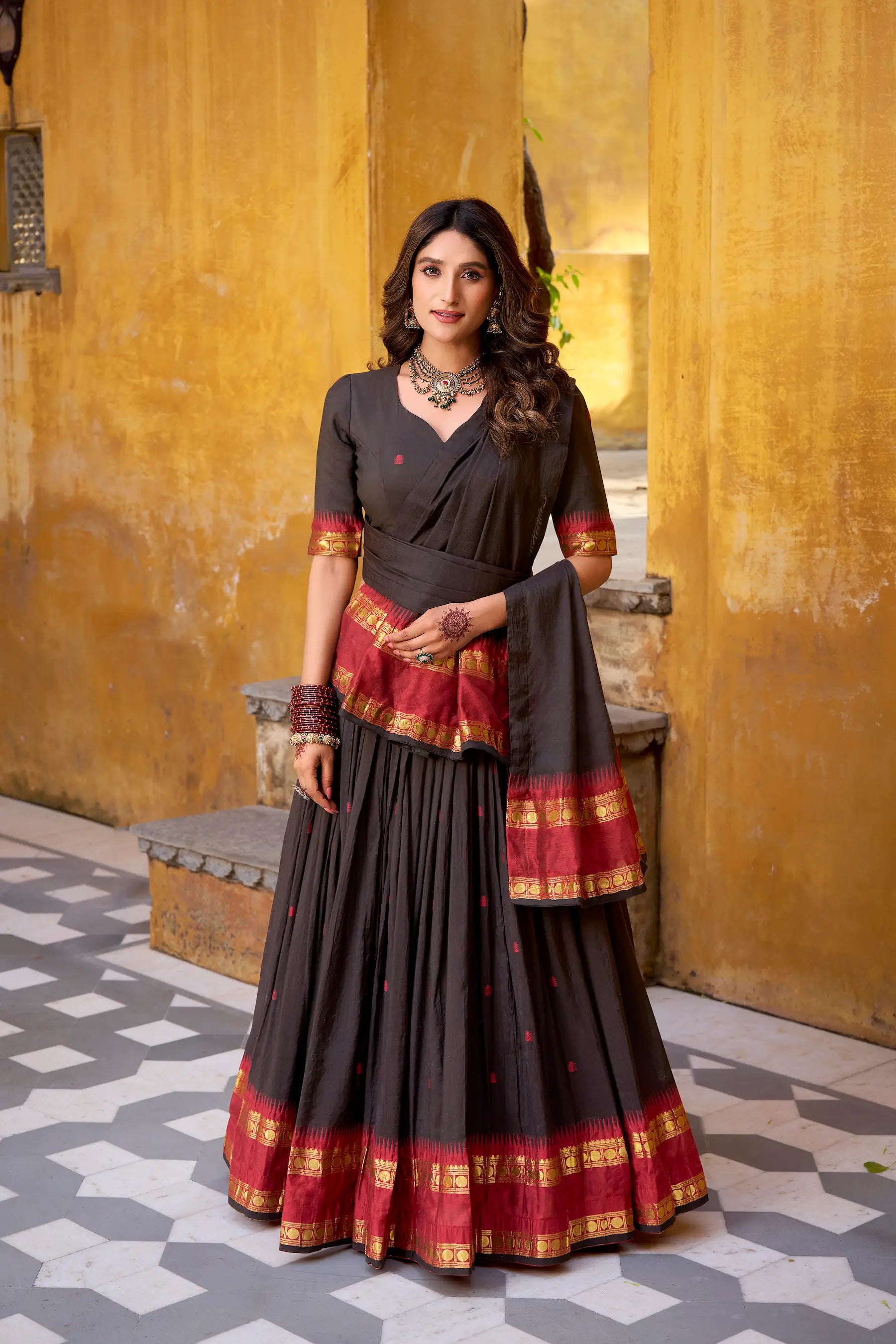 Ebony Black Chanderi Zari Weaving Lehenga Choli