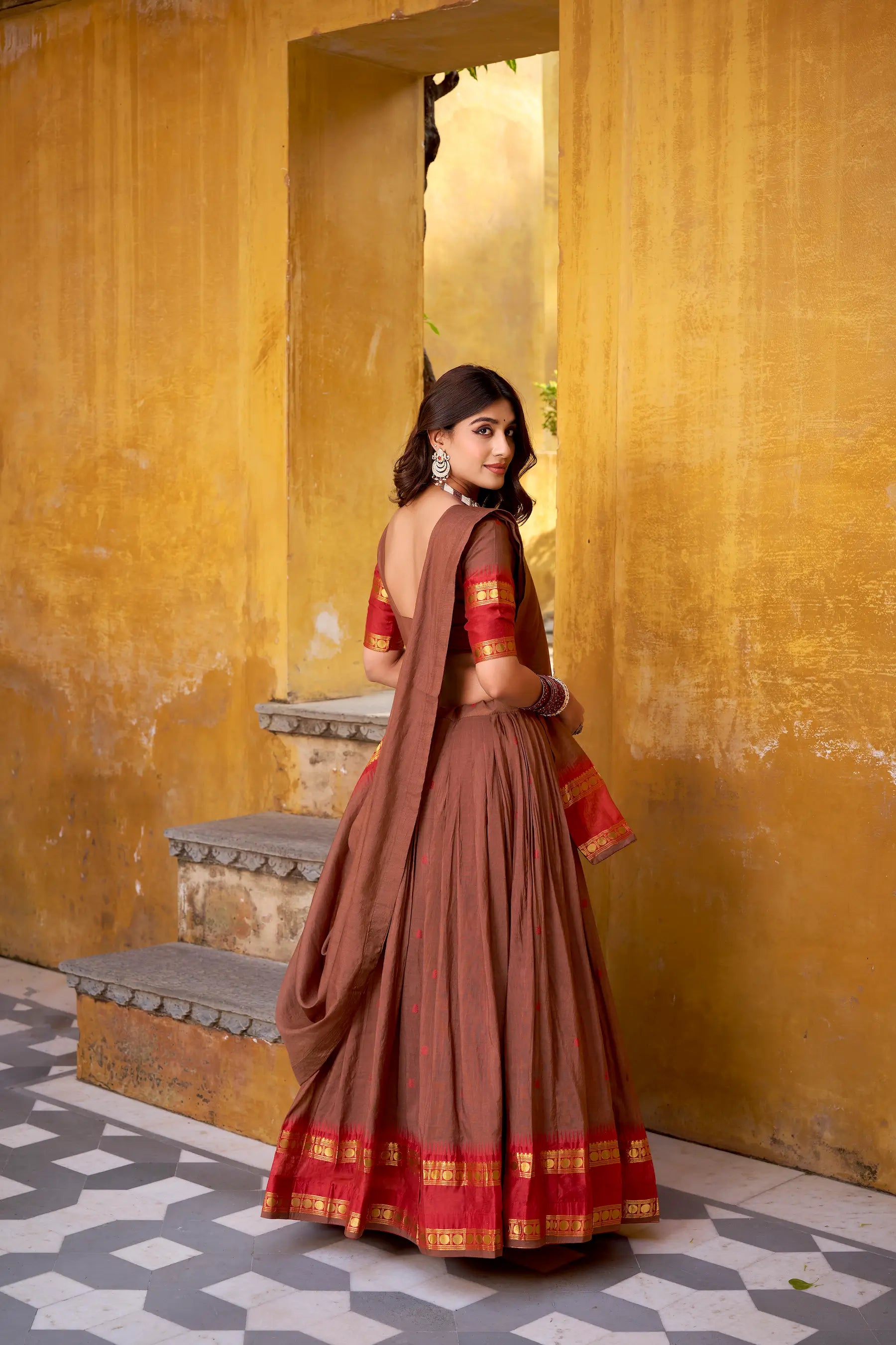 Bear Brown Chanderi Zari Weaving Lehenga Choli