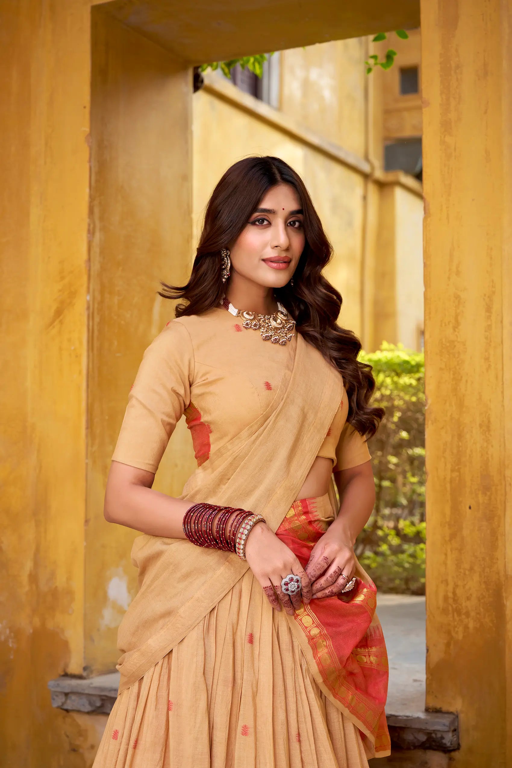 Dark Beige Chanderi Zari Weaving Lehenga Choli