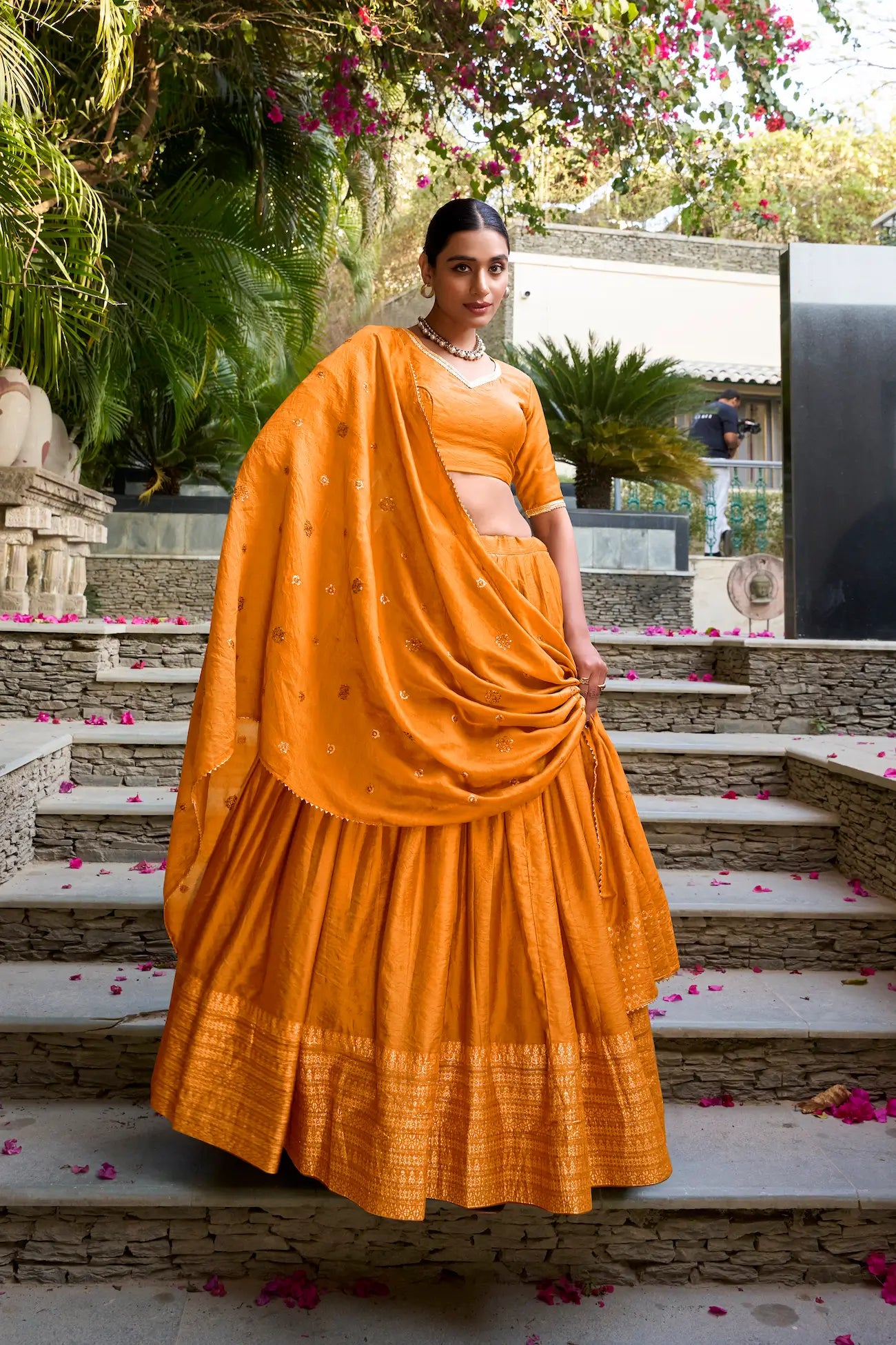 Dusty Orange Chanderi Silk Zari Weaving Lehenga Choli