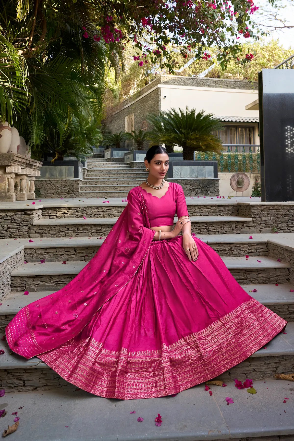 Hot Pink Chanderi Silk Zari Weaving Lehenga Choli