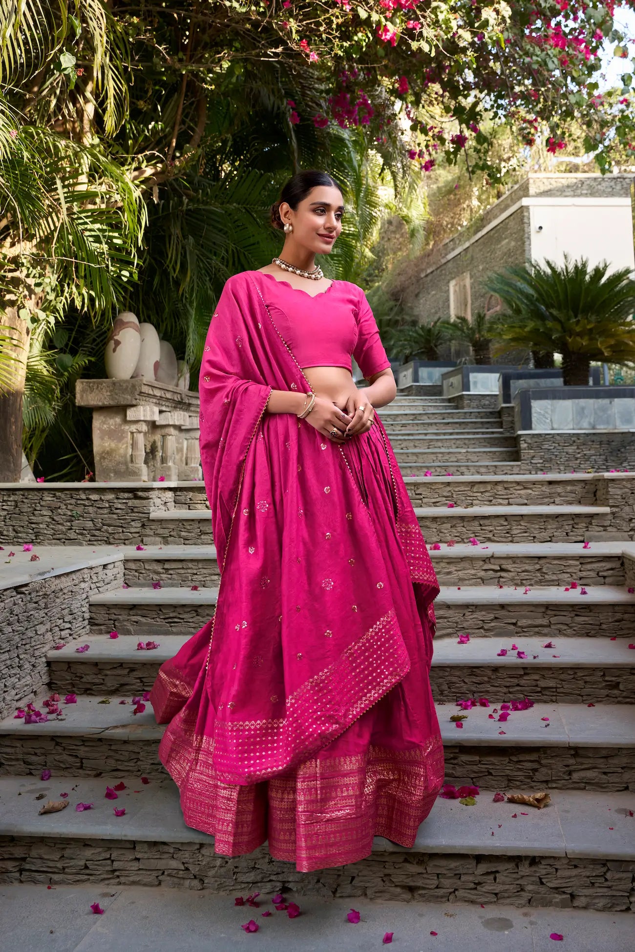 Hot Pink Chanderi Silk Zari Weaving Lehenga Choli