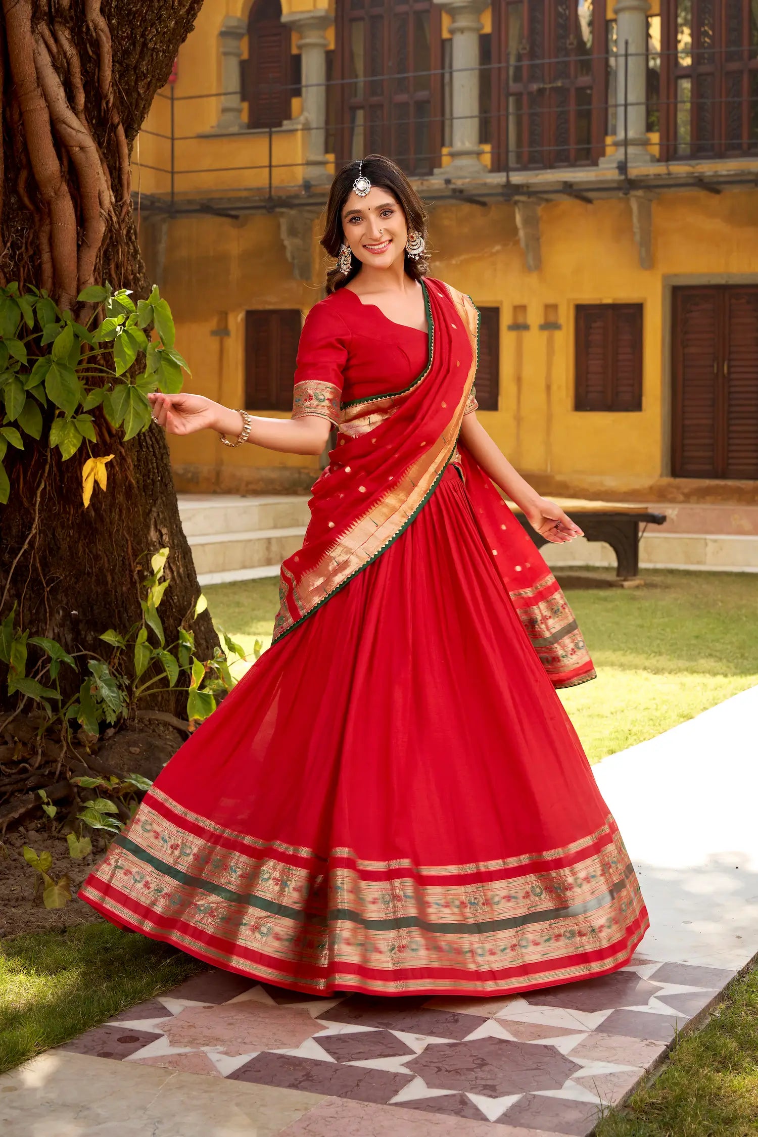 Hot Red Chanderi Zari Weaving Lehenga choli