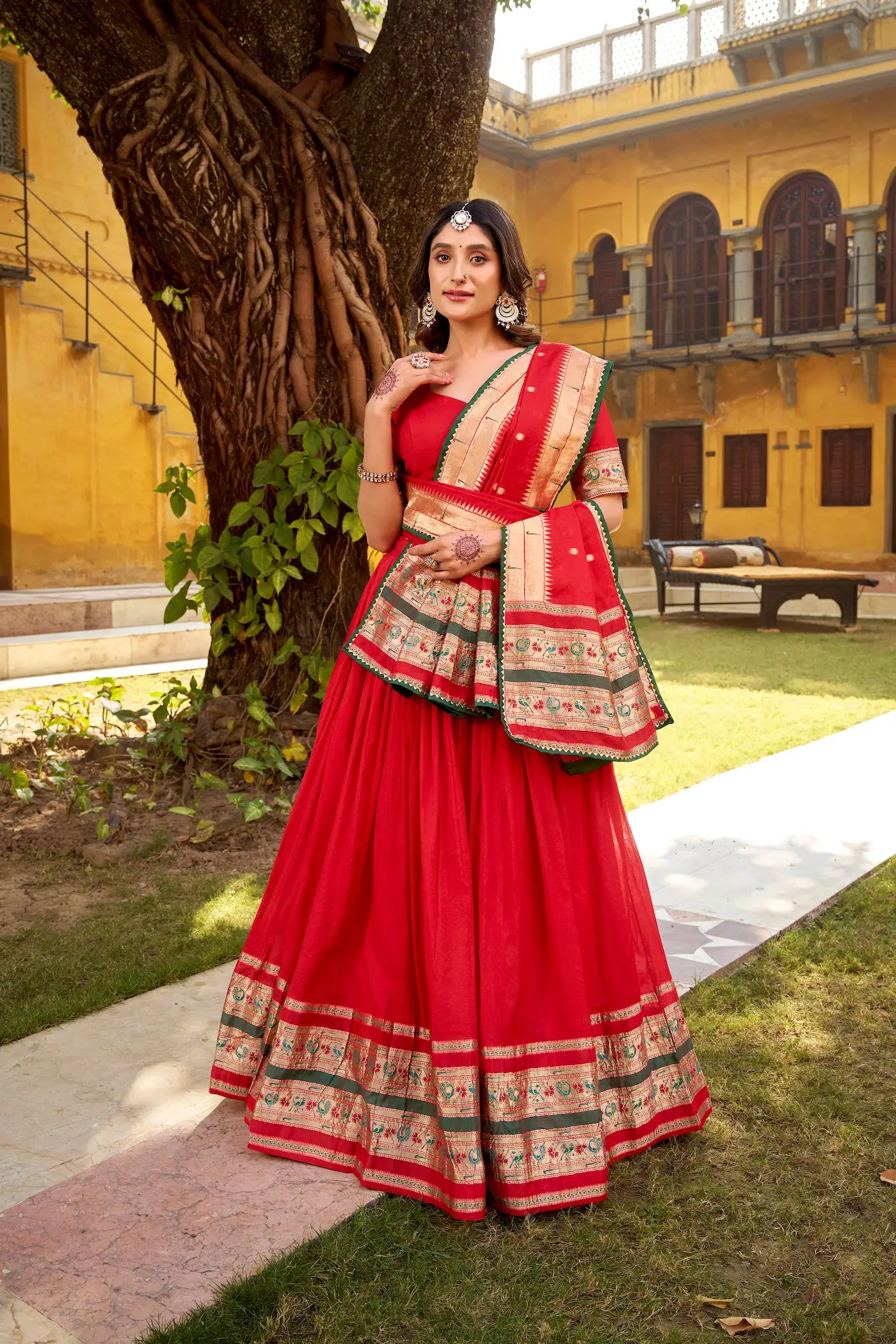 Hot Red Chanderi Zari Weaving Lehenga choli