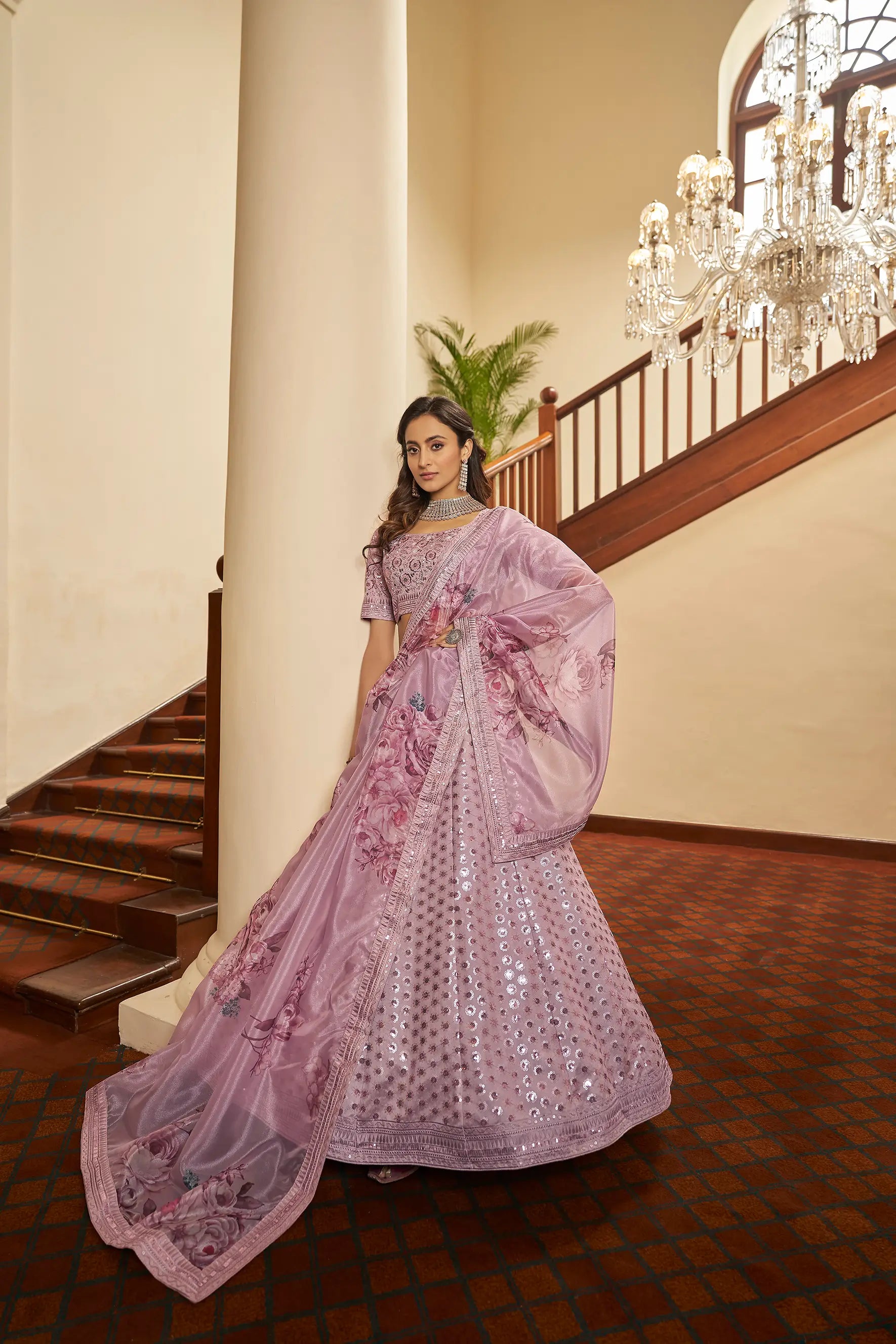 Dusty Pink Thread, Zari, Sequins Embroidered Lehenga Choli And Digital Print Dupatta | Ready To Wear - qivii