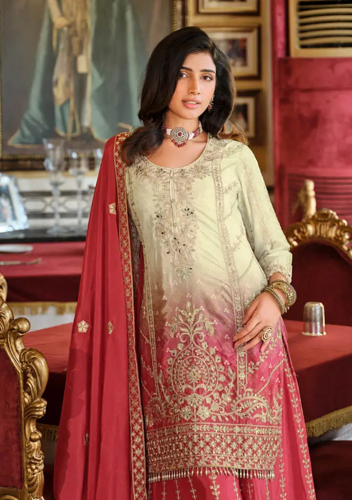 Rust Orange Chinon Embroidered Salwar Suit