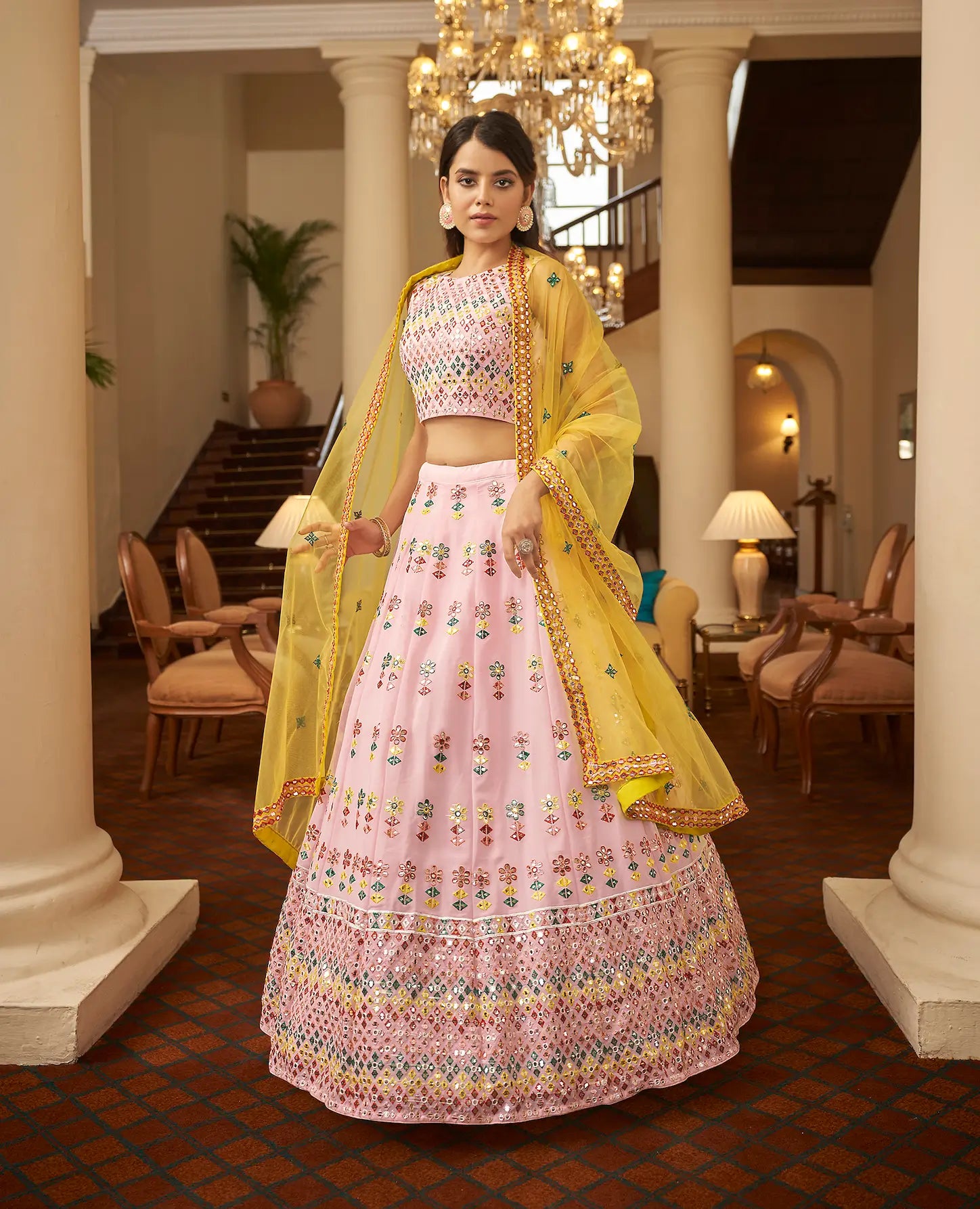 Light Pink Georgette Gota Patti With Thread Embroidered Work Lehenga Choli | Ready To Wear - qivii