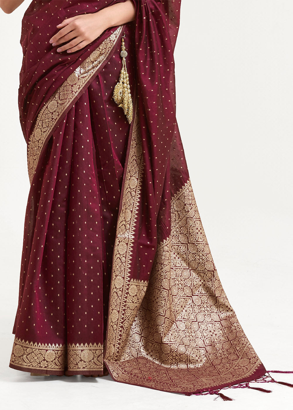 Mahagony Brown Woven Banarasi Silk Saree with overall Mukaish work - qivii