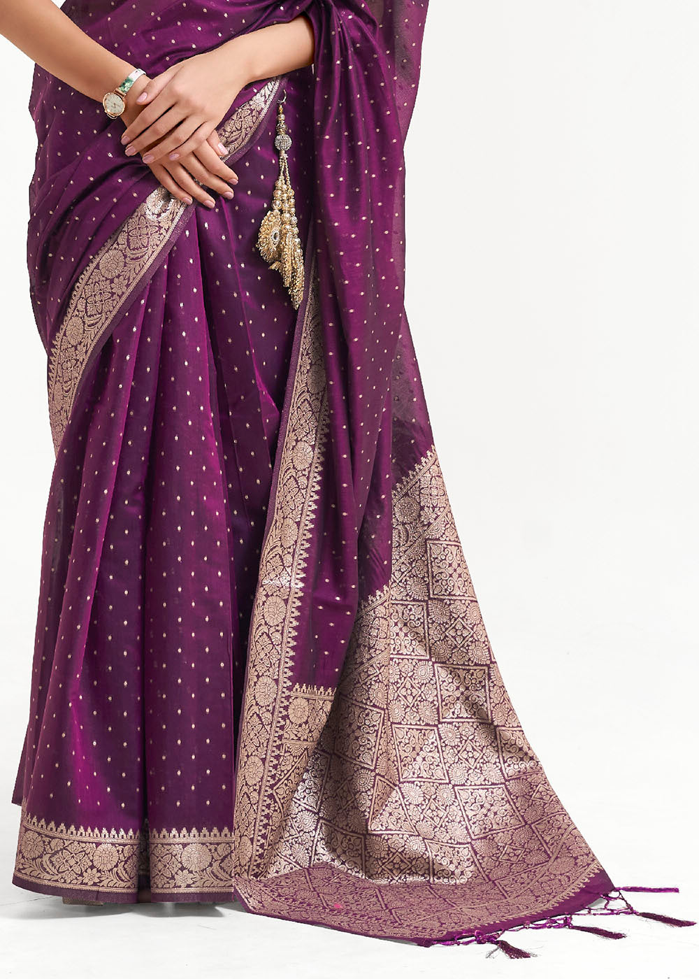 Eggplant Purple Woven Banarasi Silk Saree with overall Mukaish work - qivii