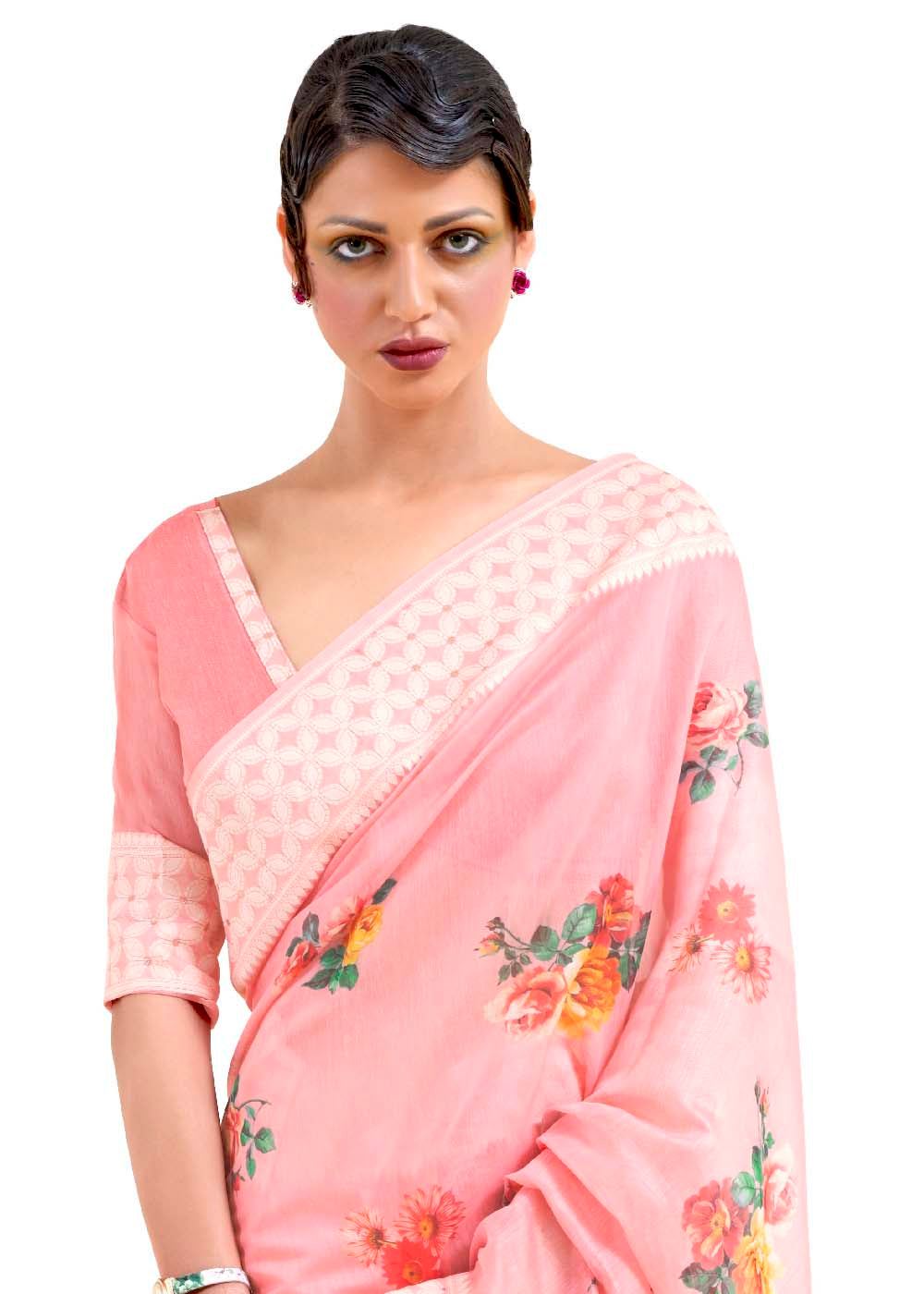 Flamingo Pink Chikankari Silk Saree with Floral Digital Print - qivii