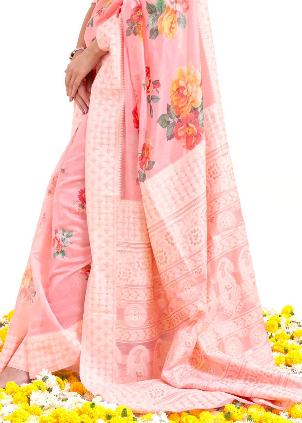 Flamingo Pink Chikankari Silk Saree with Floral Digital Print - qivii
