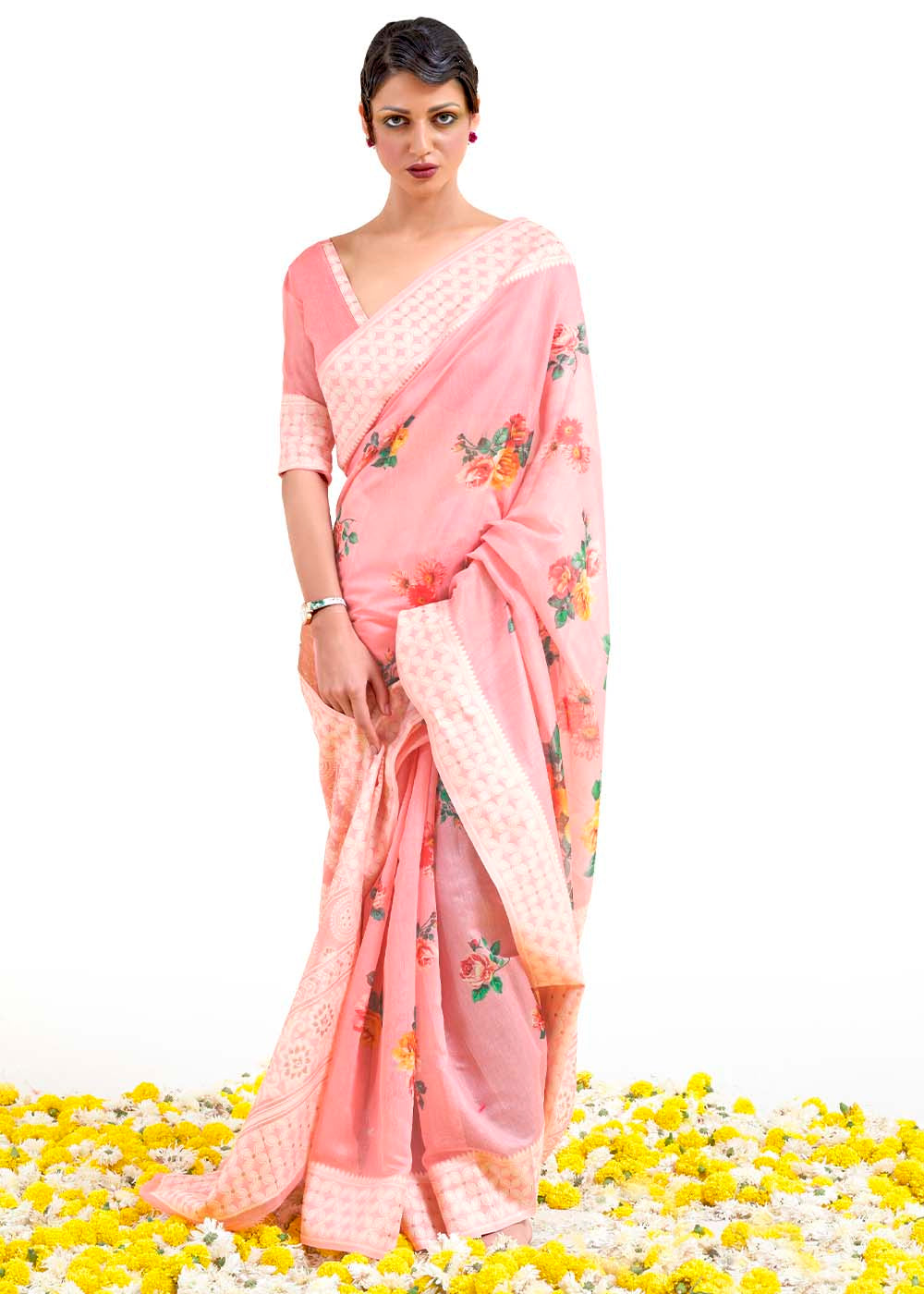 Flamingo Pink Chikankari Silk Saree with Floral Digital Print - qivii