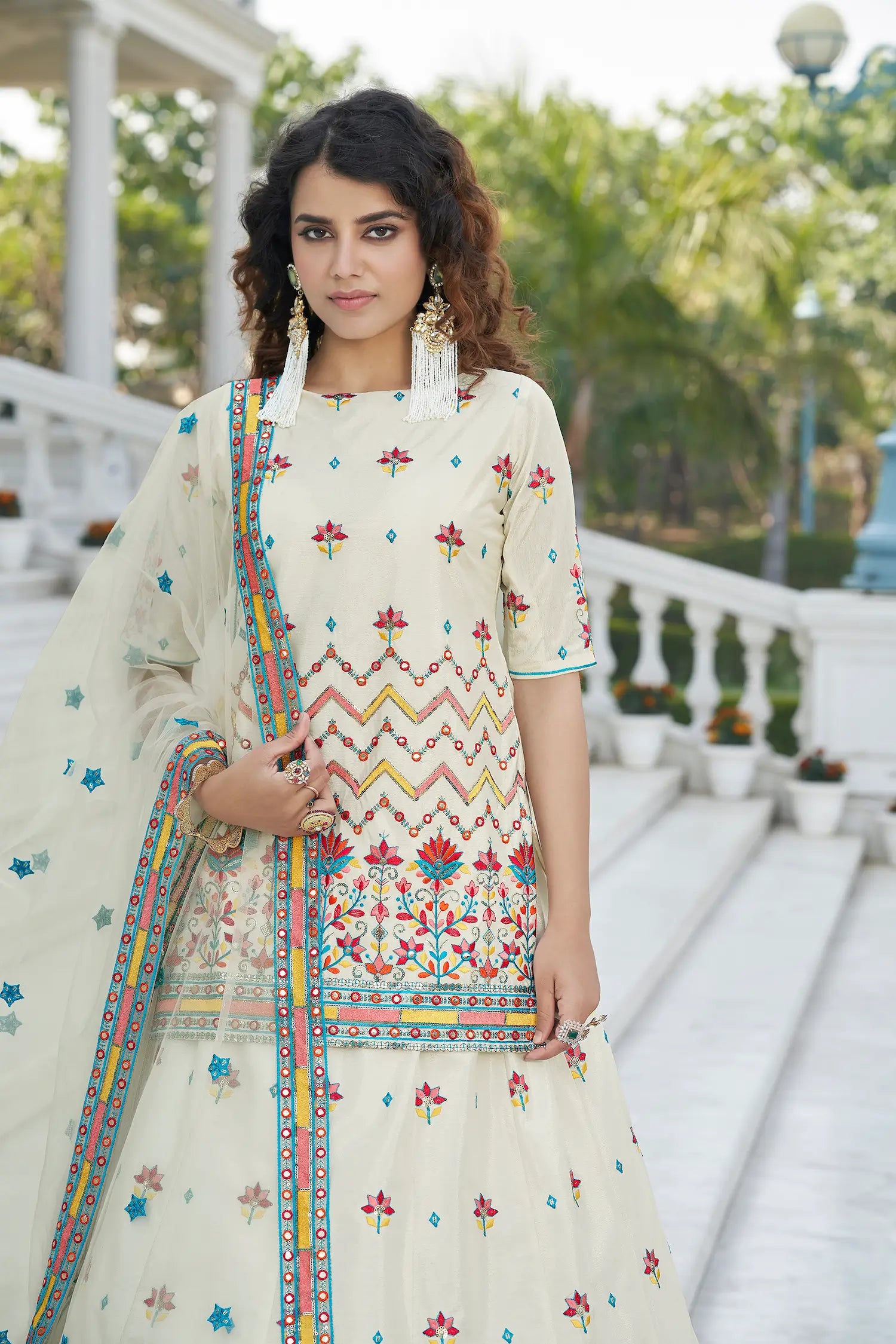 Beige Chinon Gota Patti With Thread & Sequence Embroidered Work Lehenga Choli | Ready To Wear - qivii