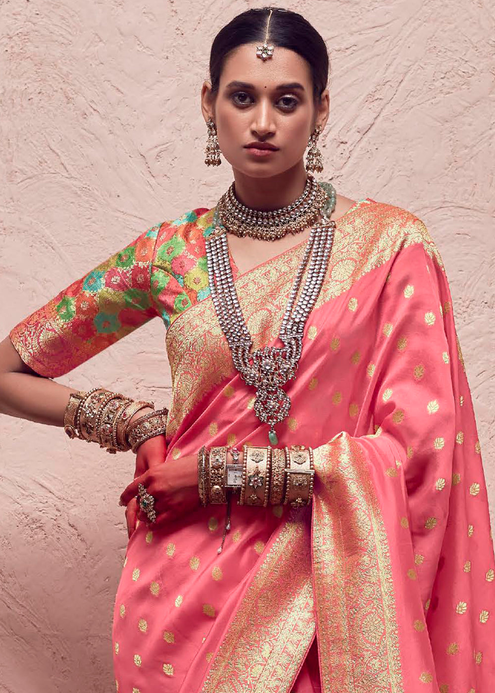 Watermelon Pink Zari Woven Dola Silk Saree With Zari Woven Blouse - qivii