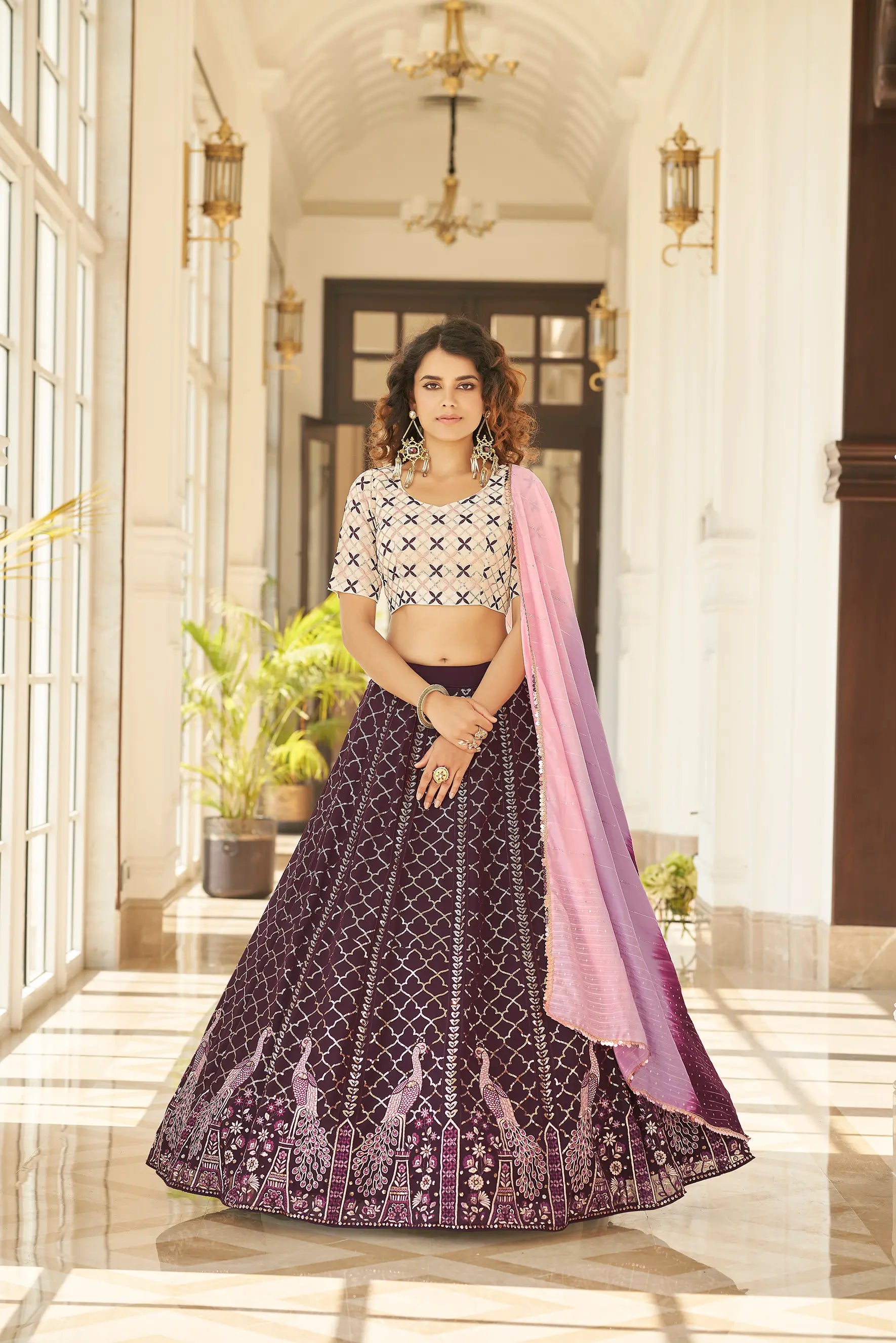 Wine Thread With Sequins Embroidered Work With Printed Dupatta | Ready To Wear - qivii