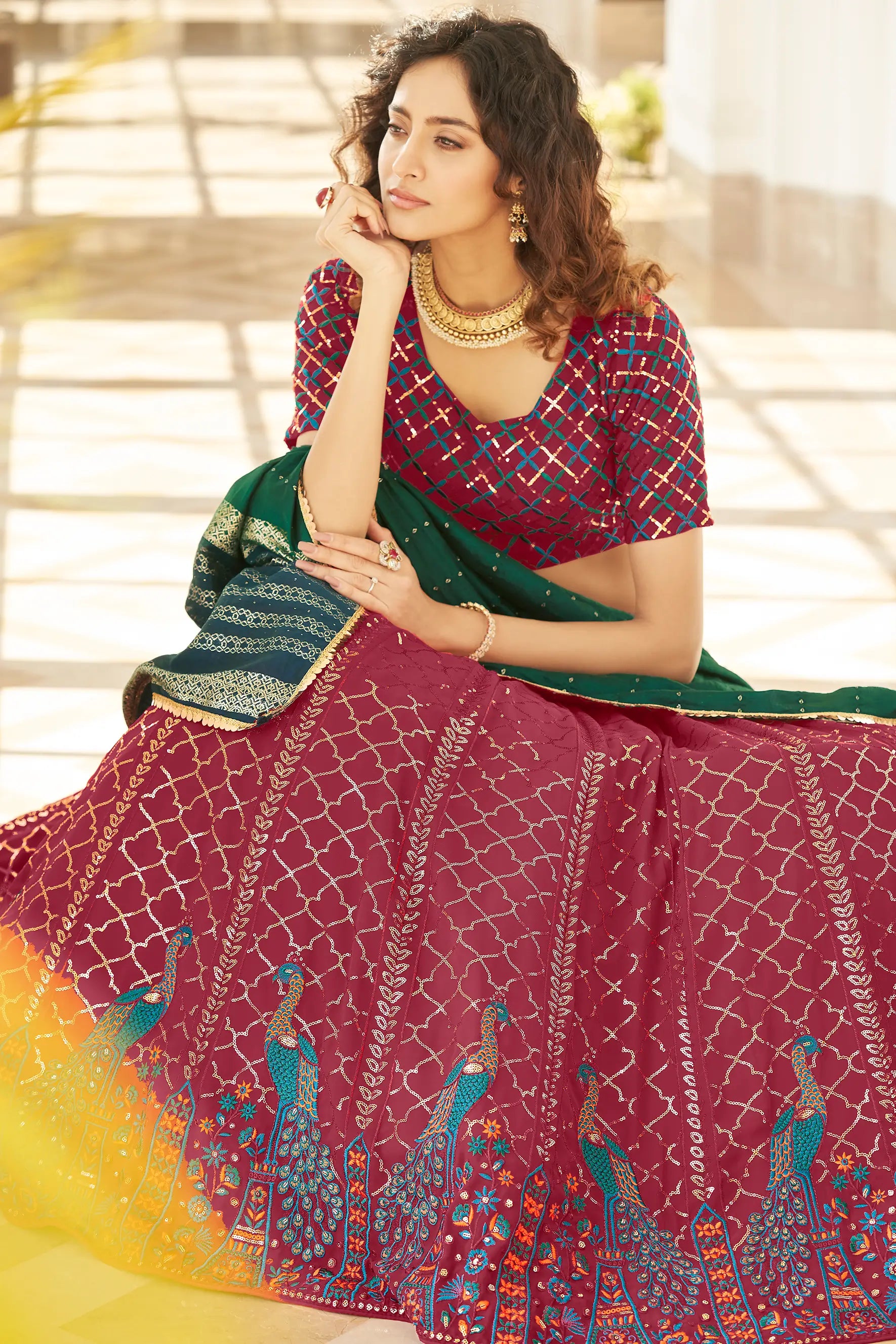 Maroon Thread With Sequins Embroidered Work With Printed Dupatta | Ready To Wear - qivii