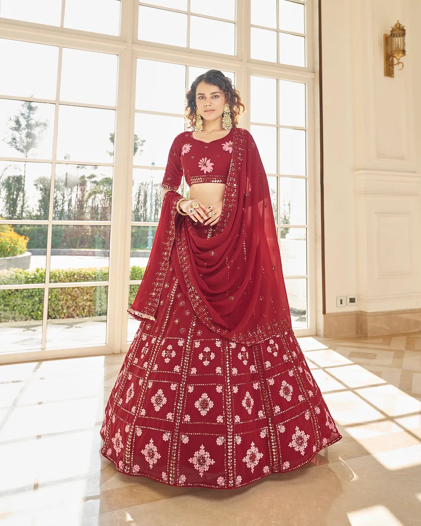 Red Georgette Thread & Sequence Embroidered Work Lehenga Choli | Ready To Wear - qivii