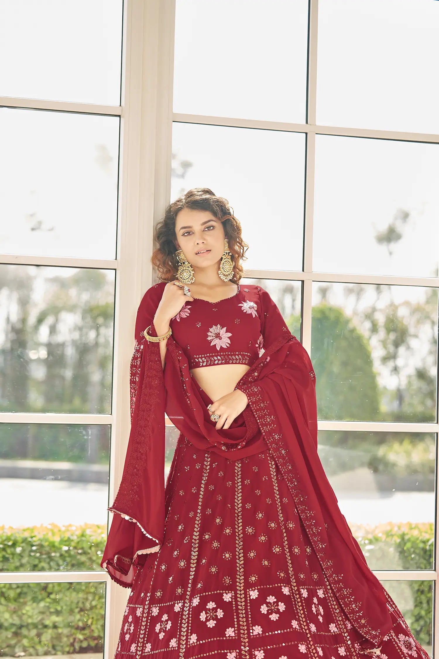 Red Georgette Thread & Sequence Embroidered Work Lehenga Choli | Ready To Wear - qivii