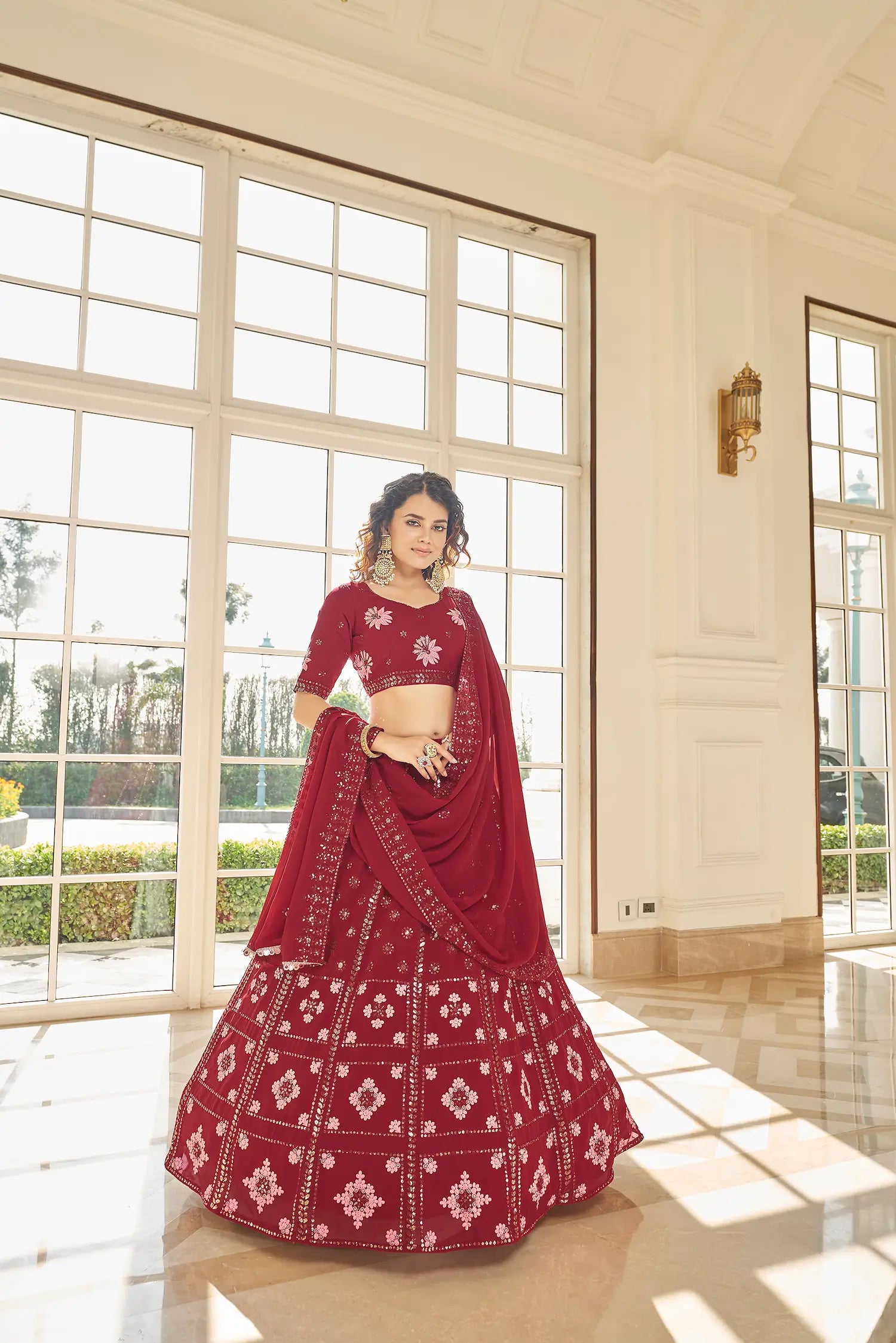 Red Georgette Thread & Sequence Embroidered Work Lehenga Choli | Ready To Wear - qivii