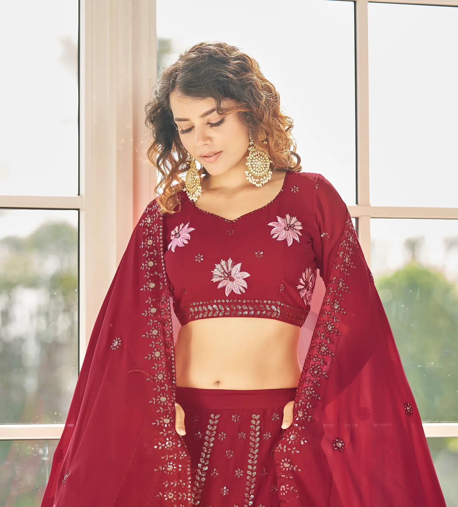 Red Georgette Thread & Sequence Embroidered Work Lehenga Choli | Ready To Wear - qivii