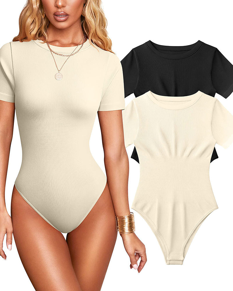 Women Sexy Ribbed Round Neck Short Sleeve Tummy Control Thong Bodysuit - By Qivii