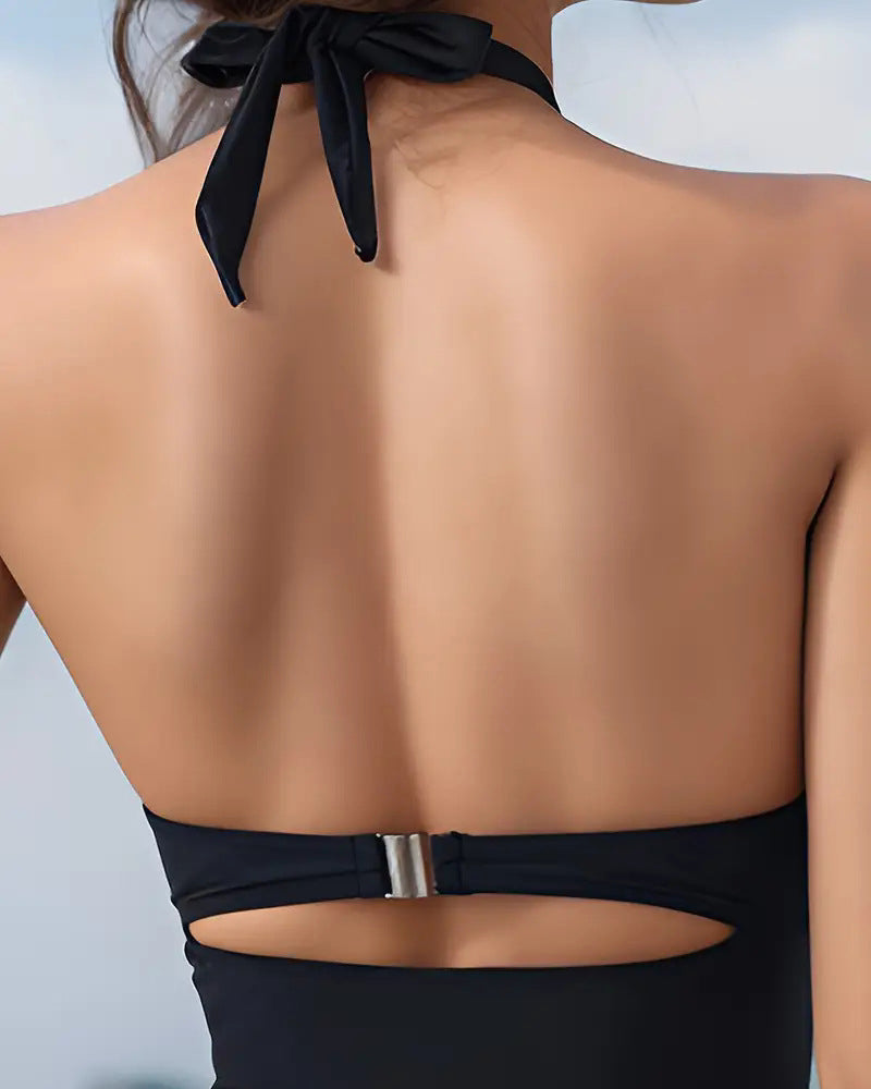 Cross Halter Ruched Front Cutout Backless One Piece Swimsuit - By Qivii