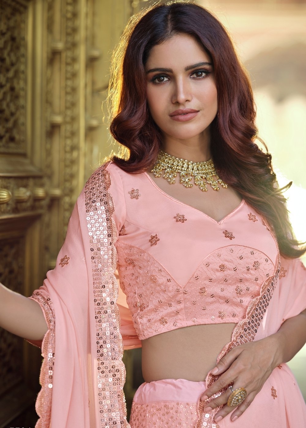 Flamingo Pink Georgette Lehenga Choli with Sequins & Thread work | Ready To Wear - qivii